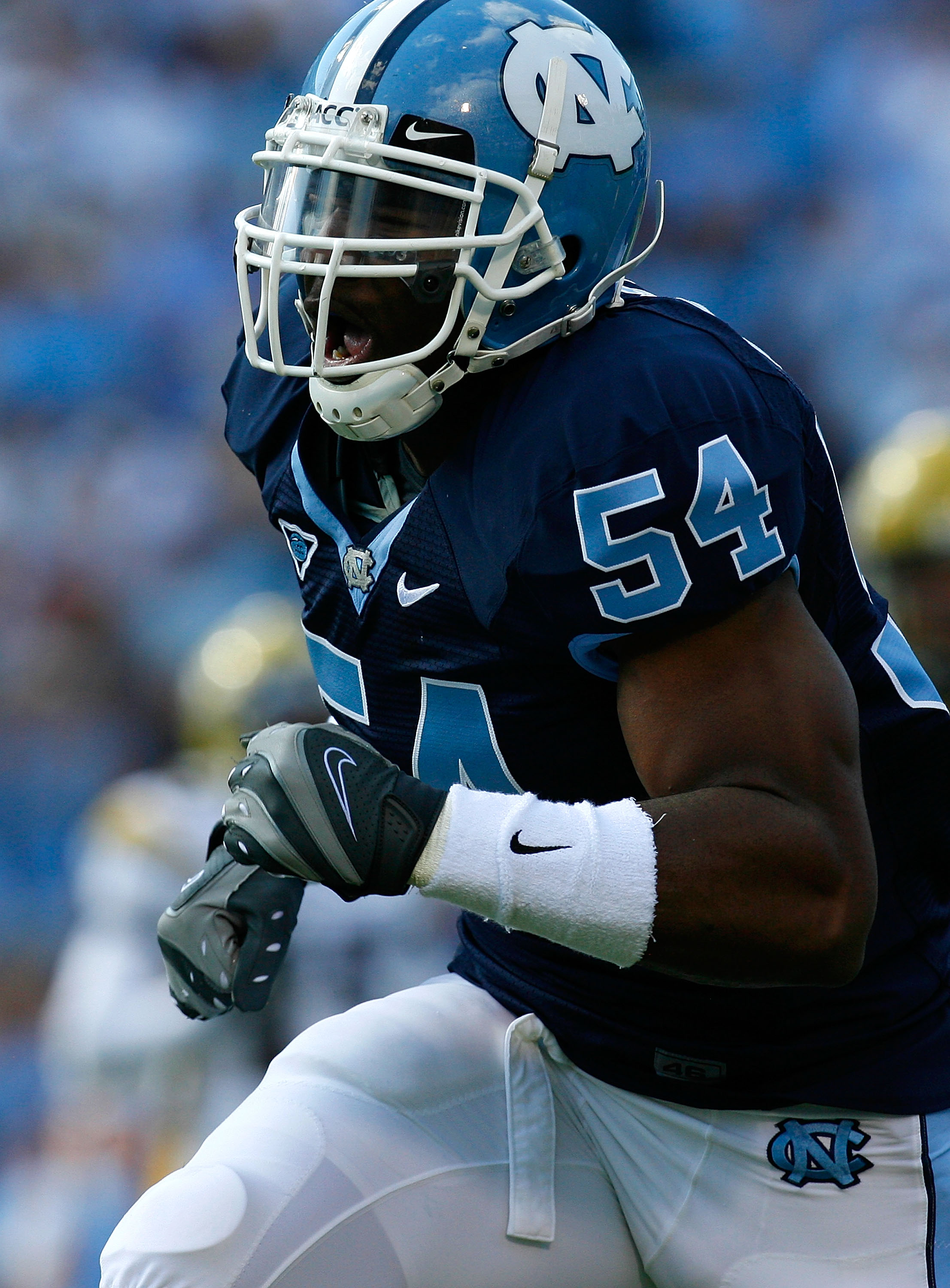 CHAPEL HILL, NC - NOVEMBER 08:  Linebacker Bruce Carter #54 of the North Carolina Tar Heels reacts after a defensive stop against the Georgia Tech Yellow Jackets during the game at Kenan Stadium on November 8, 2008 in Chapel Hill, North Carolina.  (Photo