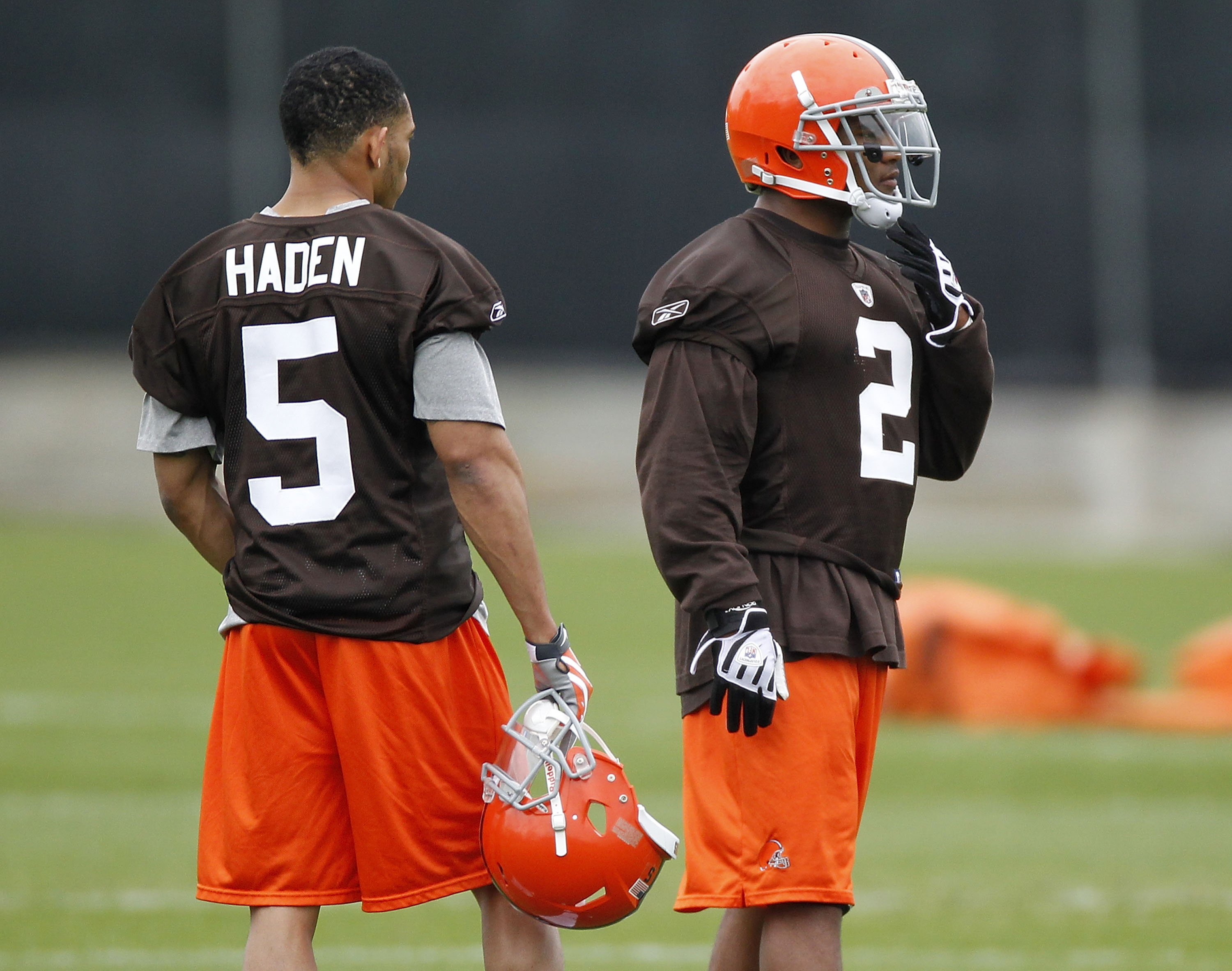 BEREA, OH - MAY 01: T.J. Ward #2 of the Cleveland Browns talks with Joe Haden #5 during rookie mini camp at the Cleveland Browns Training and Administrative Complex on May 1, 2010 in Berea, Ohio.  (Photo by Gregory Shamus/Getty Images)