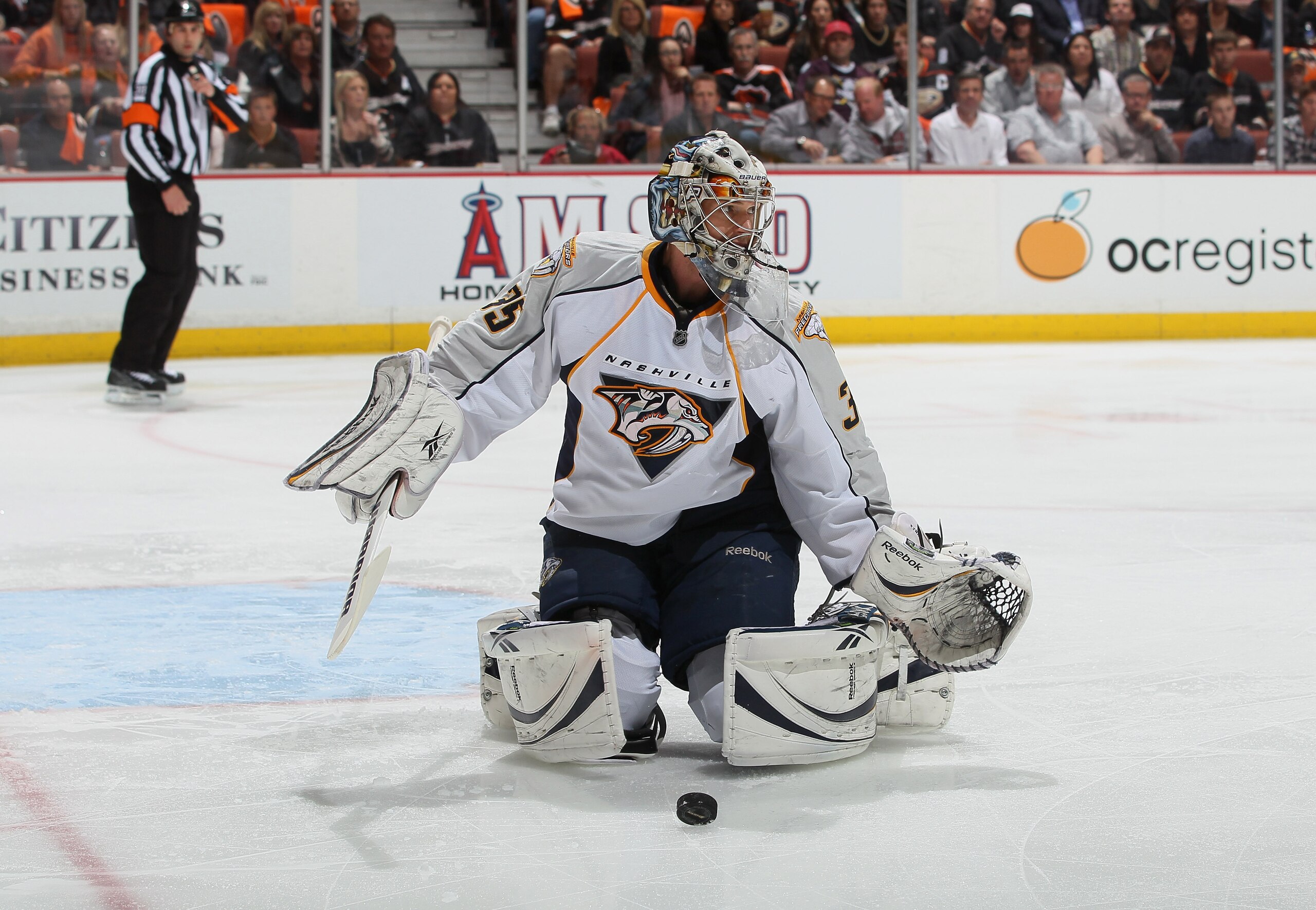 ANAHEIM, CA - APRIL 15:  Goaltender Pekka Rinne #35 of the Nashville Predators defends against the Anaheim Ducks in Game Two of the Western Conference Quarterfinals during the 2011 NHL Stanley Cup Playoffs at Honda Center on April 15, 2011 in Anaheim, Cal