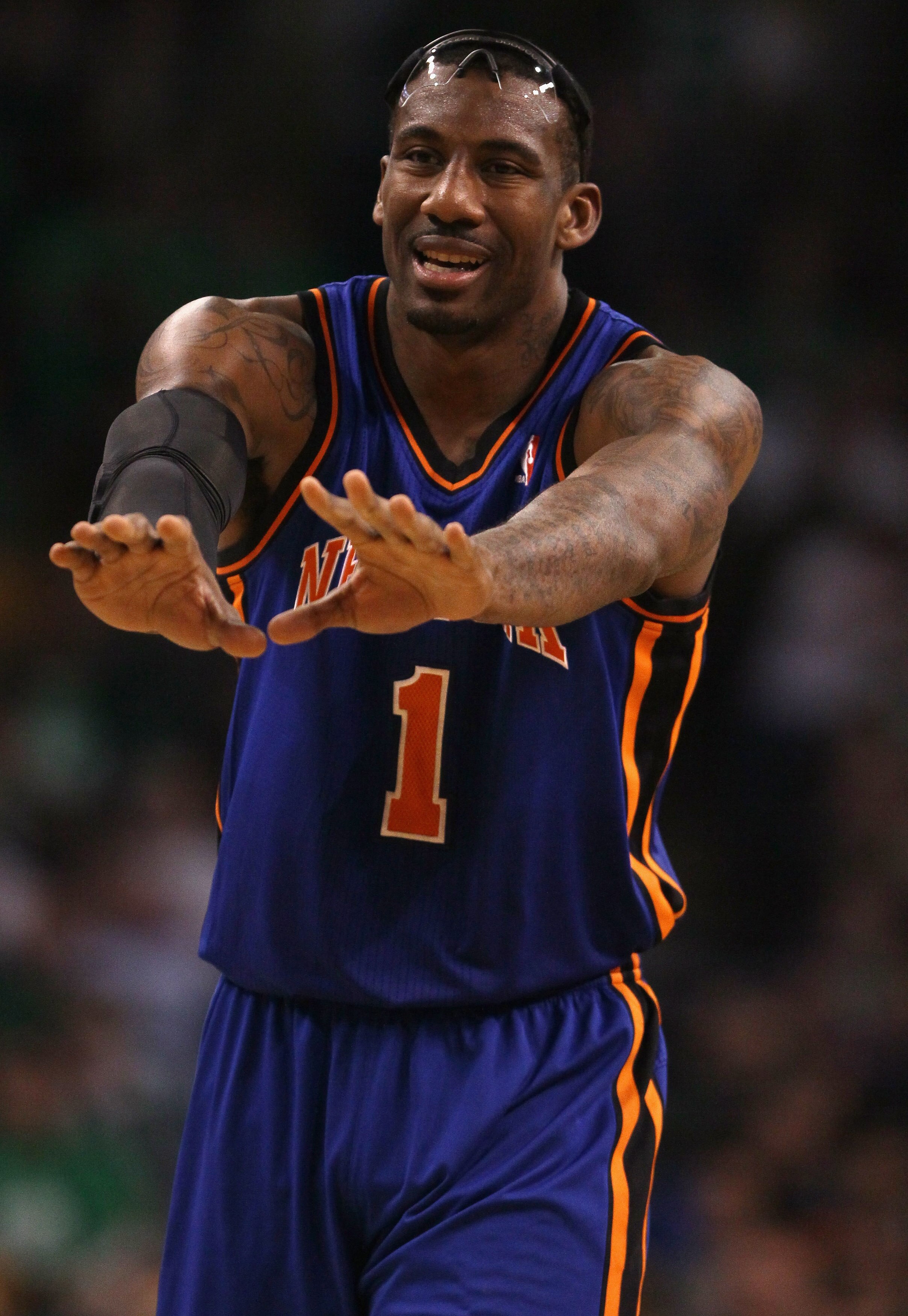 BOSTON, MA - APRIL 17:  Amare Stoudemire #1 of the New York Knicks stretches before he shoots a free throw in Game One of the Eastern Conference Quarterfinals in the 2011 NBA Playoffs on April 17, 2011 at the TD Garden in Boston, Massachusetts. The Boston