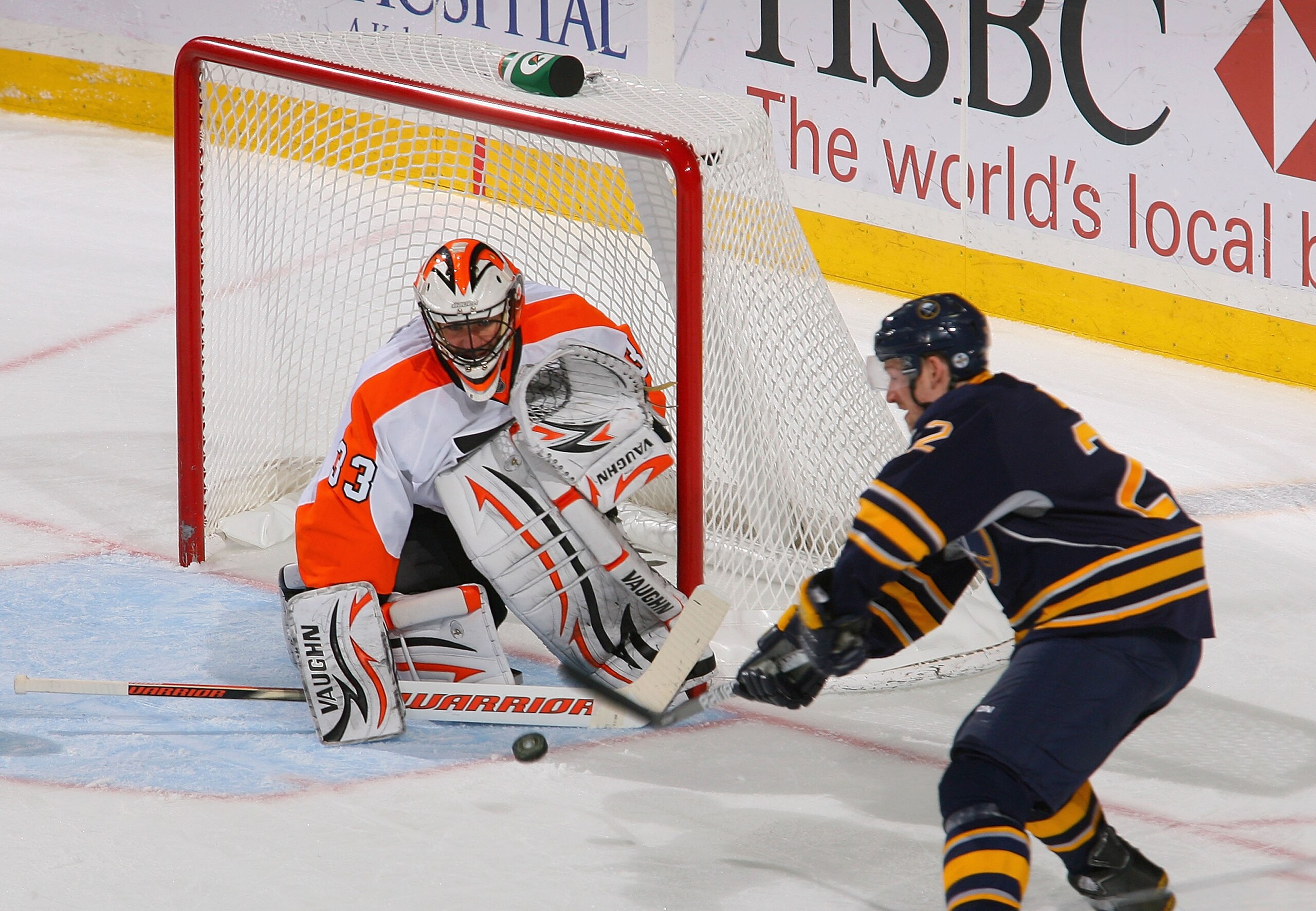 BUFFALO, NY - APRIL 20: Brian Boucher #33 of the Philadelphia Flyers makes a save on a shot by Brad Boyes #22 of the Buffalo Sabres  in Game Four of the Eastern Conference Quarterfinals during the 2011 NHL Stanley Cup Playoffs at HSBC Arena at HSBC Arena