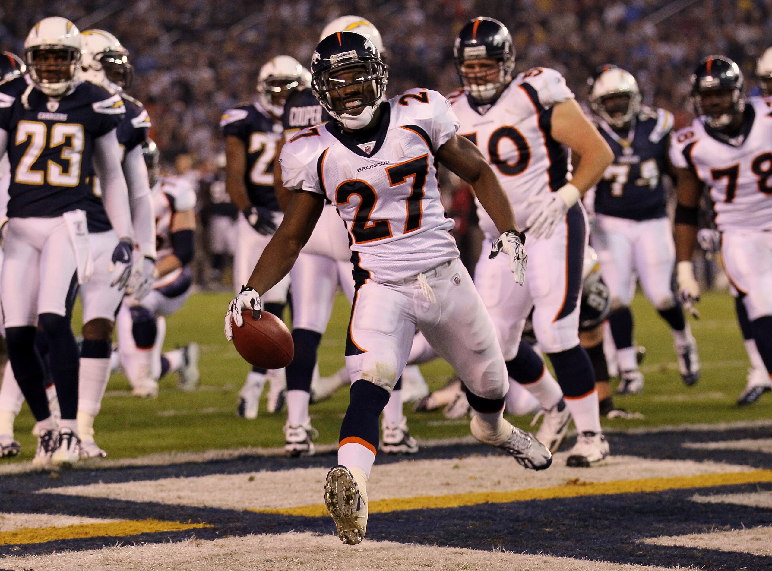 SAN DIEGO - NOVEMBER 22: Knowshon Moreno #27 of the Denver Broncos celebrates after scoring on a four yard touchdown run in the first quarter against the San Diego Chargers at Qualcomm Stadium on November 22, 2010 in San Diego, California.  (Photo by Step