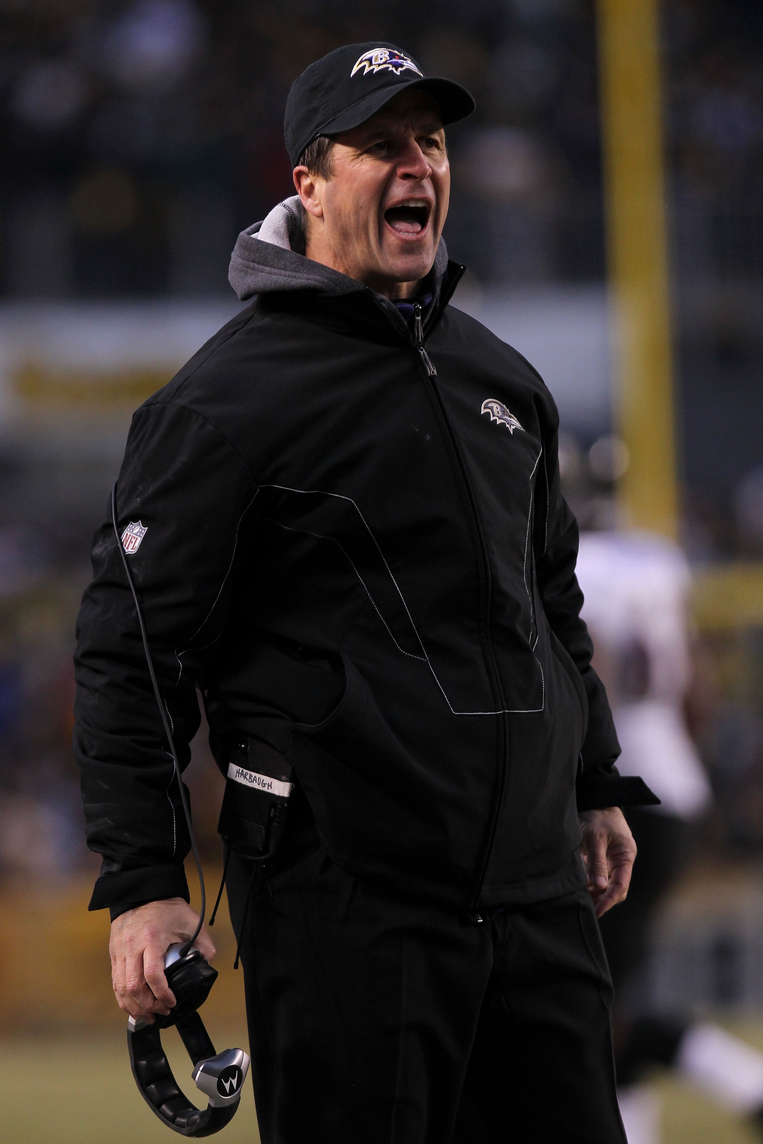 PITTSBURGH, PA - JANUARY 15: Head coach John Harbaugh of the Baltimore Ravens reacts to a call during the AFC Divisional Playoff Game against the Pittsburgh Steelers at Heinz Field on January 15, 2011 in Pittsburgh, Pennsylvania. (Photo by Nick Laham/Ge PITTSBURGH, PA - JANUARY 15: Head coach John Harbaugh of the Baltimore Ravens reacts to a call during the AFC Divisional Playoff Game against the Pittsburgh Steelers at Heinz Field on January 15, 2011 in Pittsburgh, Pennsylvania. (Photo by Nick Laham/Ge