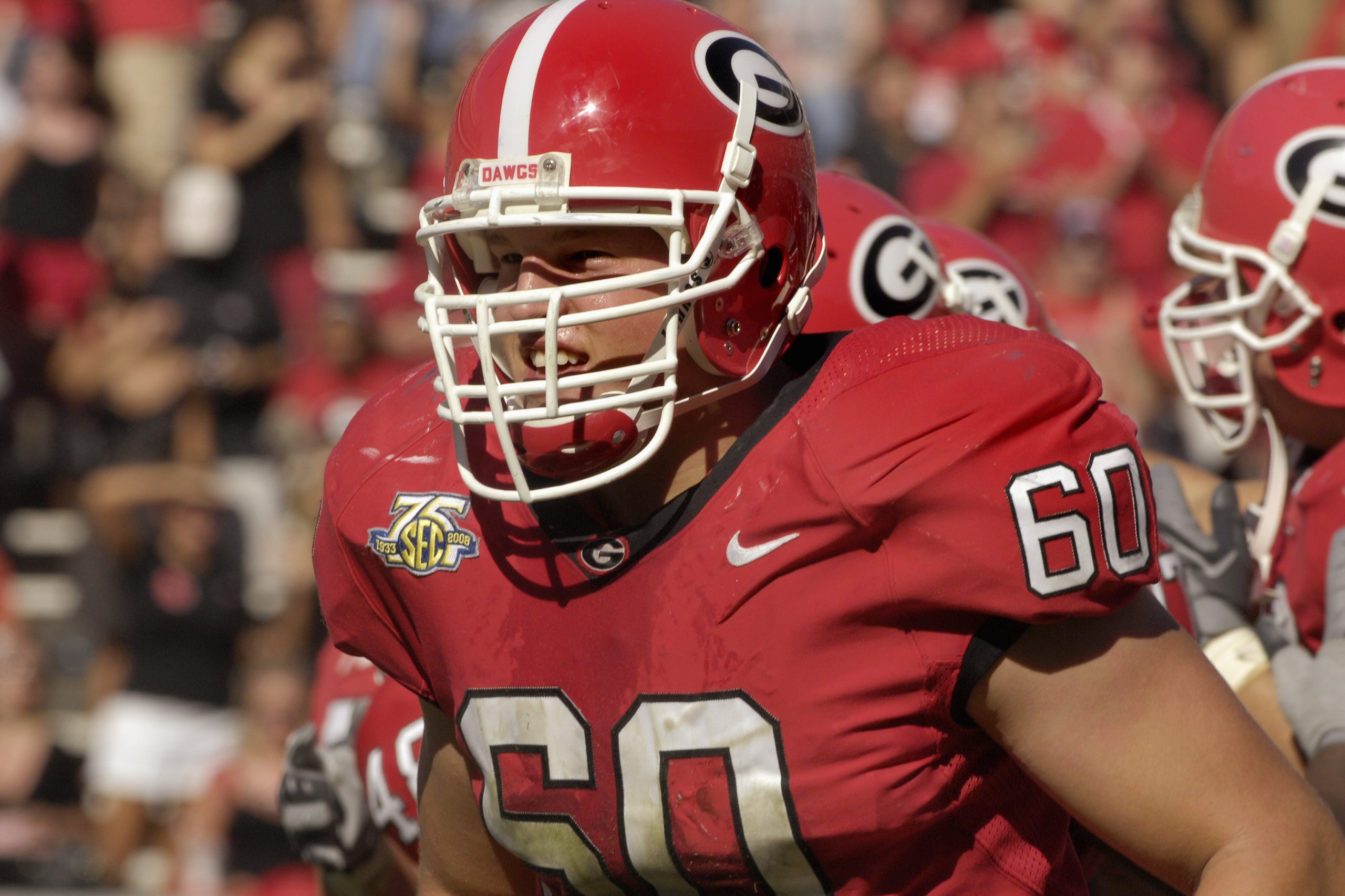 ATHENS, GA - SEPTEMBER 29: Offensive lineman Clint Boling #60 of the Georgia Bulldogs sets for play against the Mississippi Rebels at Sanford Stadium on September 29, 2007 in Athens, Georgia.  Georgia won 45 - 17. (Photo by Al Messerschmidt/Getty Images)