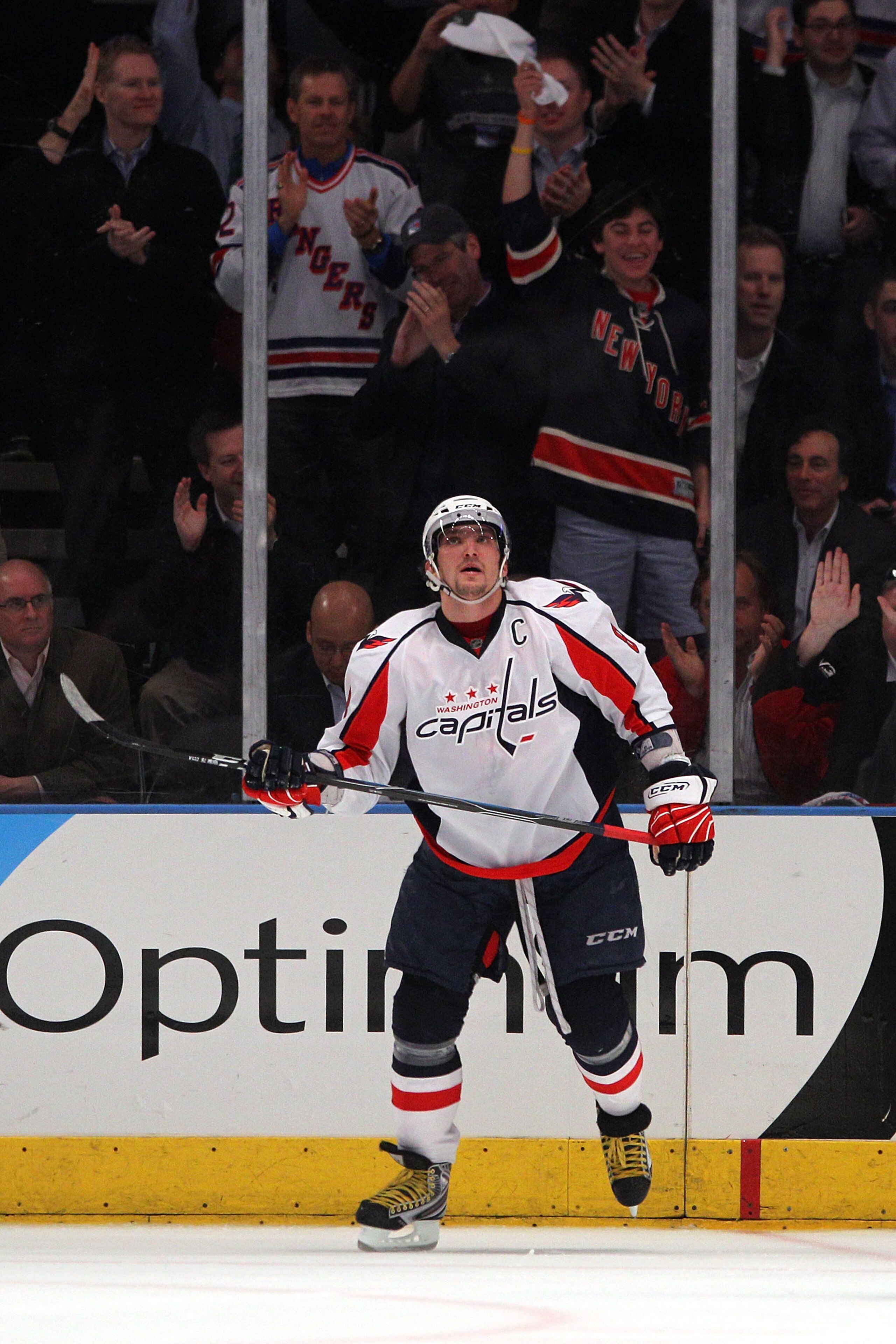 NEW YORK, NY - APRIL 20:  Alex Ovechkin #8 of the Washington Capitals looks on after he couldn't convert on a break away shot attempt in the forst overtime period against the New York Rangers in Game Four of the Eastern Conference Quarterfinals during the