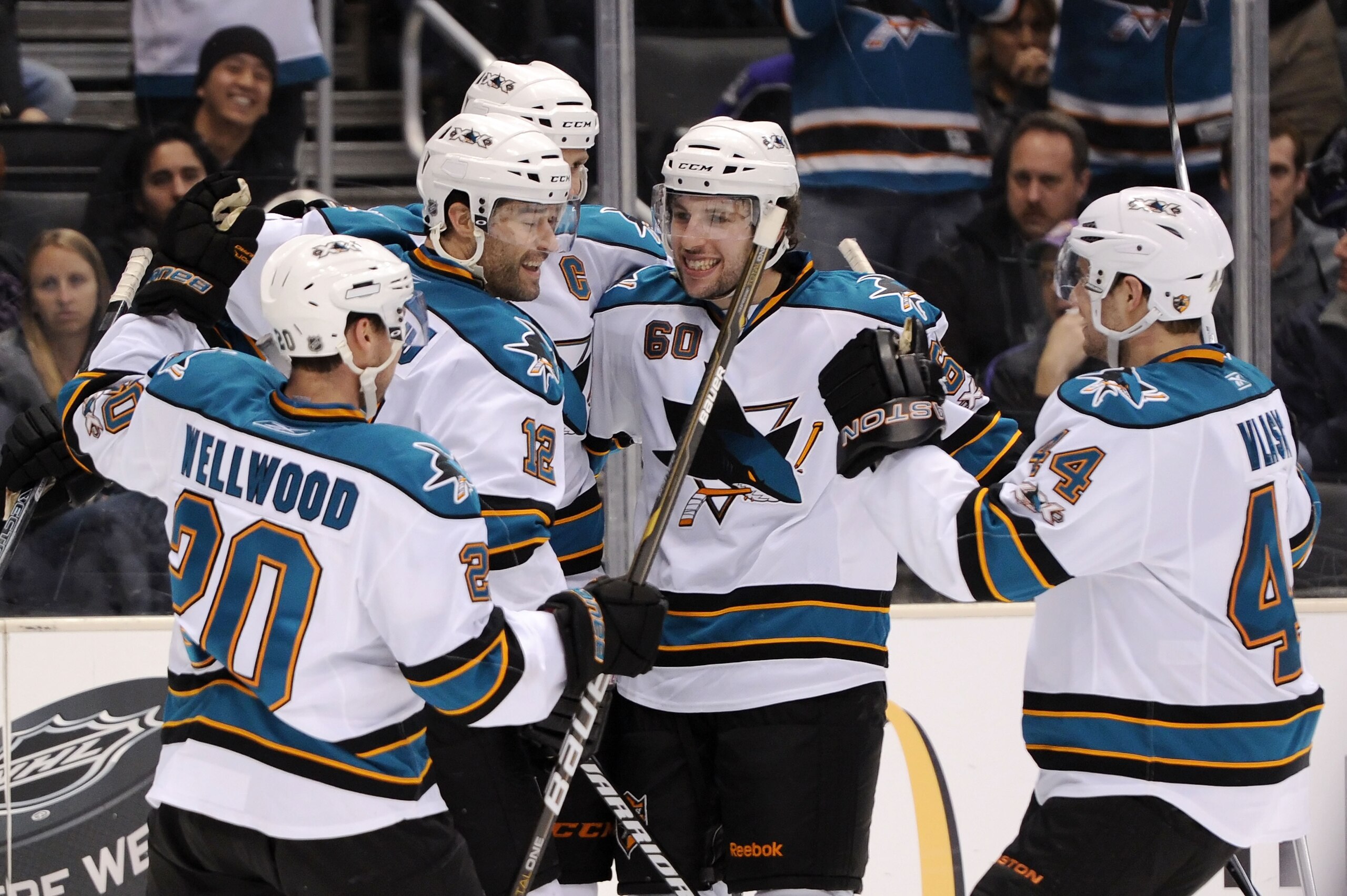 LOS ANGELES, CA - APRIL 21:  The San Jose Sharks celebrate a goal by Joe Thornton #19 of the San Jose Sharks against the Los Angeles Kings in the third period of game four of the Western Conference Quarterfinals during the 2011 NHL Stanley Cup Playoffs at