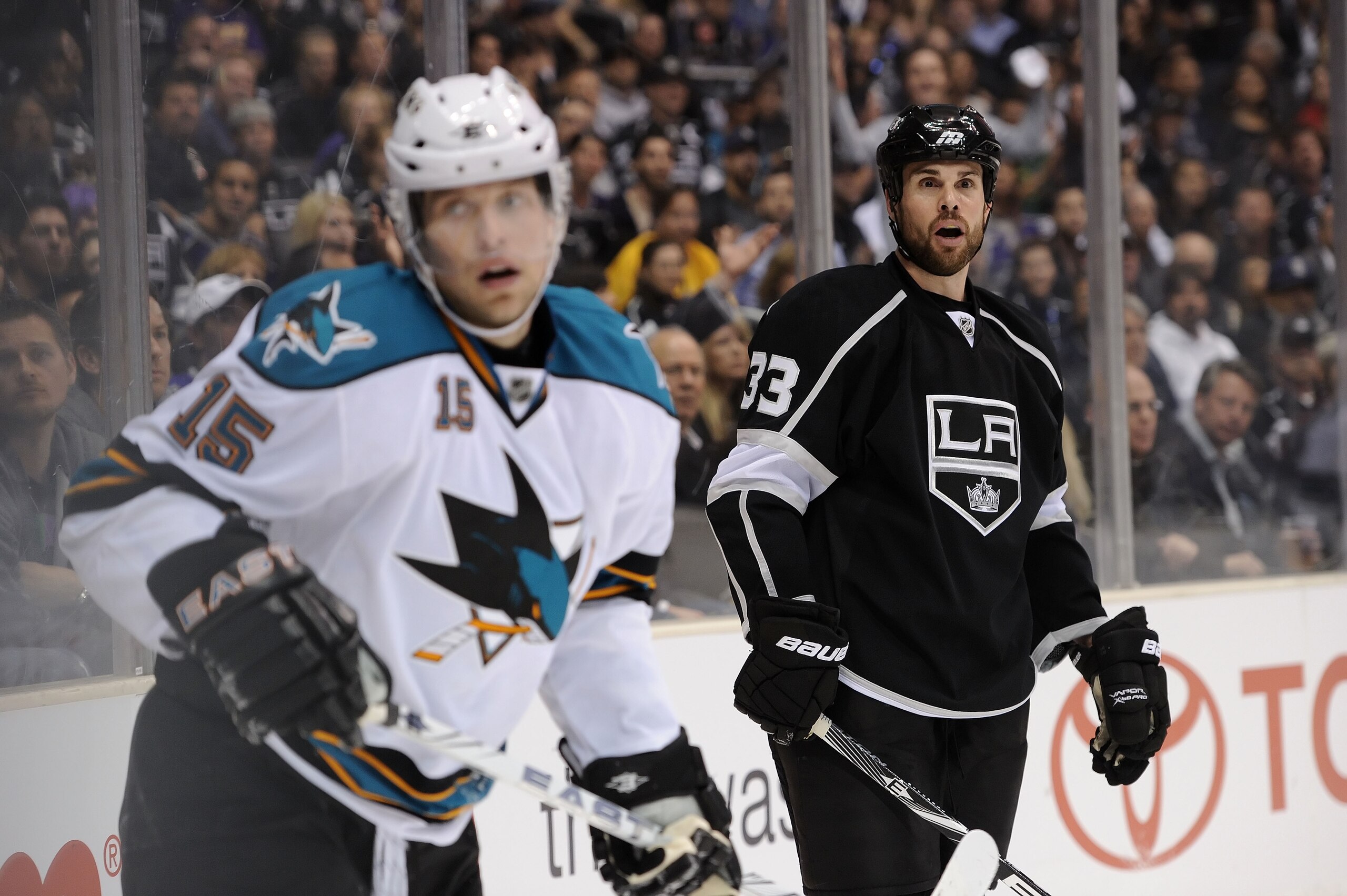 LOS ANGELES, CA - APRIL 19:  Willie Mitchell #33 of the Los Angeles Kings reacts after being called for a hooking penalty against Dany Heatley #15 of the San Jose Sharks in the first period of game three of the Western Conference Quarterfinals during the