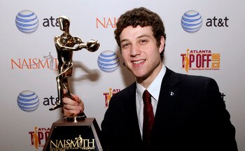 HOUSTON - APRIL 03:  Jimmer Fredette of BYU received the 2011 Naismith Trophy Presented by AT&T at the NABC Guardians of the Game Awards Program on April 3, 2011 in Houston, Texas.  (Photo by Bob Levey/Getty Images)