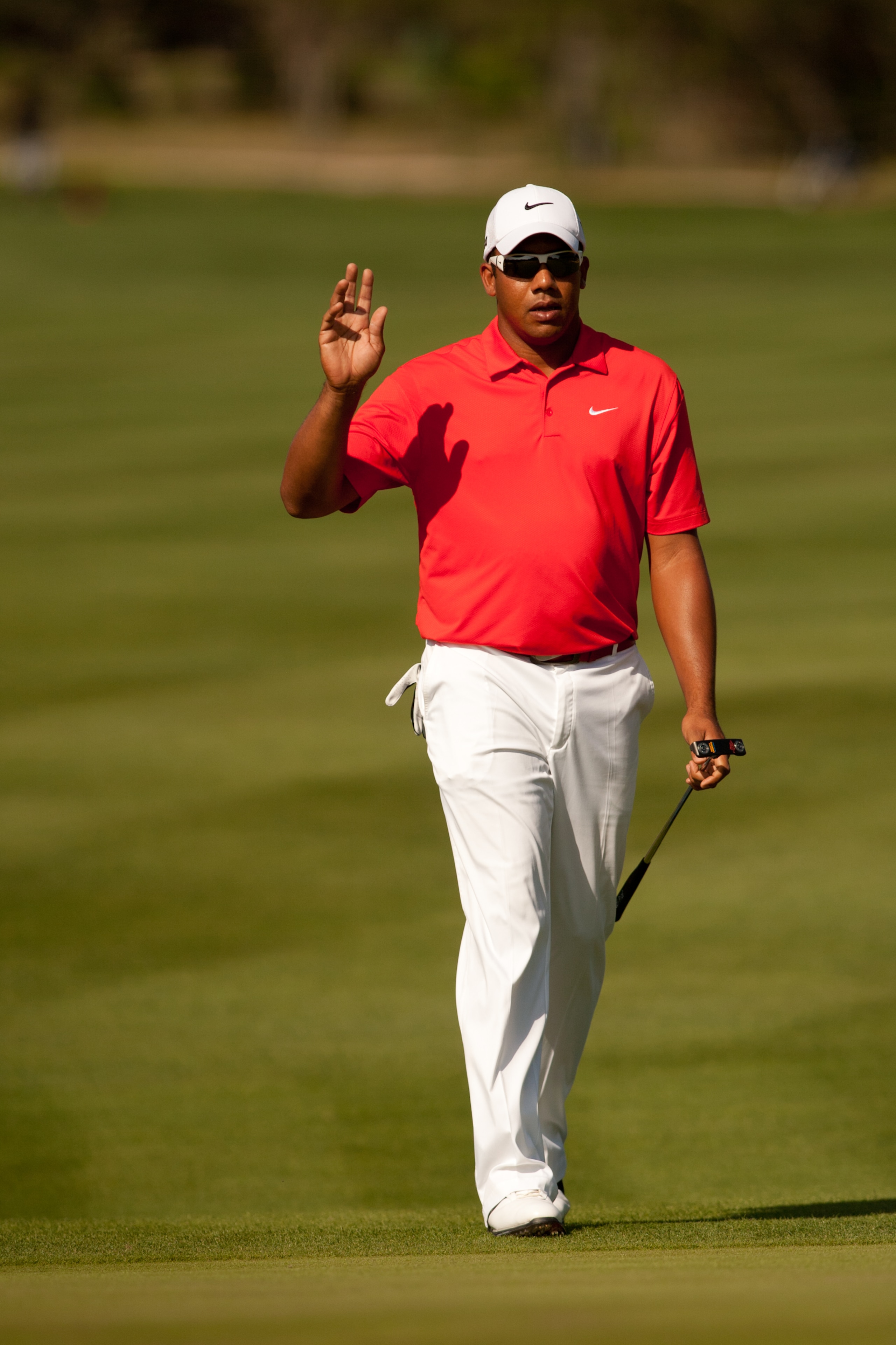 SAN ANTONIO, TX - APRIL 15: Jhonattan Vegas of Venezuela acknowledges the gallery during the second round of the Valero Texas Open at the AT&T Oaks Course at TPC San Antonio on April 15, 2011 in San Antonio, Texas. (Photo by Darren Carroll/Getty Images)