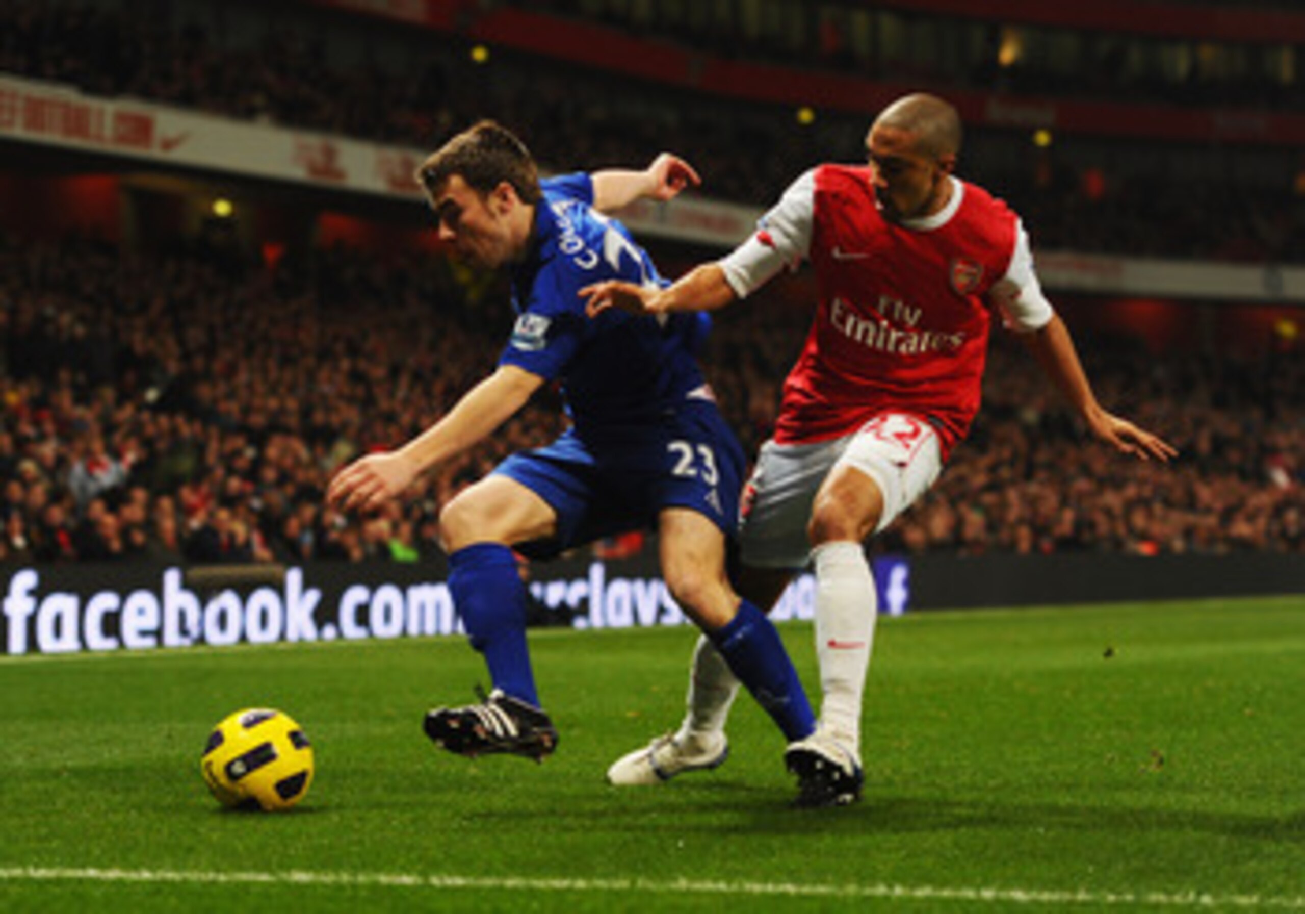 LONDON, ENGLAND - FEBRUARY 01:  Seamus Coleman of Everton holds off Gael Clichy of Arsenal during the Barclays Premier League match between Arsenal and Everton at the Emirates Stadium on February 1, 2011 in London, England.  (Photo by Mike Hewitt/Getty Im