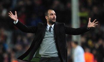 BARCELONA, SPAIN - MARCH 08:  Josep Guardiola the Barcelona coach celebrates  during the UEFA Champions League round of 16 second leg match between Barcelona and Arsenal at the Nou Camp Stadium on March 8, 2011 in Barcelona, Spain.  (Photo by Shaun Botter