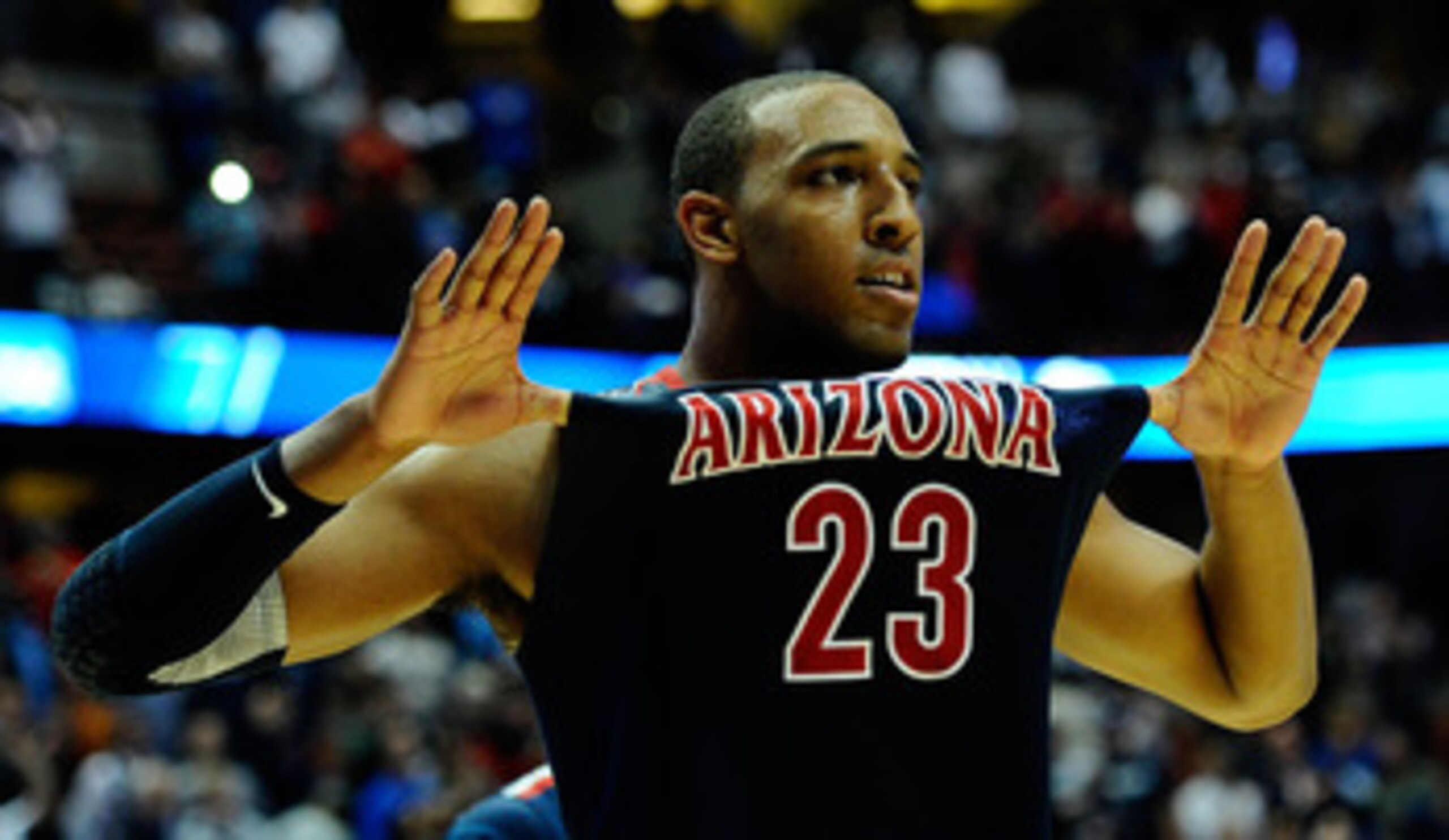 ANAHEIM, CA - MARCH 24:  Derrick Williams #23 of the Arizona Wildcats reacts after defeating the Duke Blue Devils during the west regional semifinal of the 2011 NCAA men's basketball tournament at the Honda Center on March 24, 2011 in Anaheim, California.