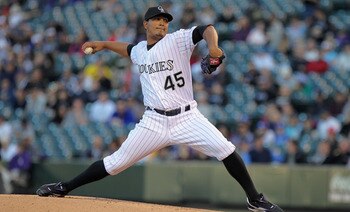 DENVER, CO - APRIL 05:  Starting pitcher Jhoulys Chacin #45 of the Colorado Rockies delivers against the Los Angeles Dodgers at Coors Field on April 5, 2011 in Denver, Colorado.  (Photo by Doug Pensinger/Getty Images)