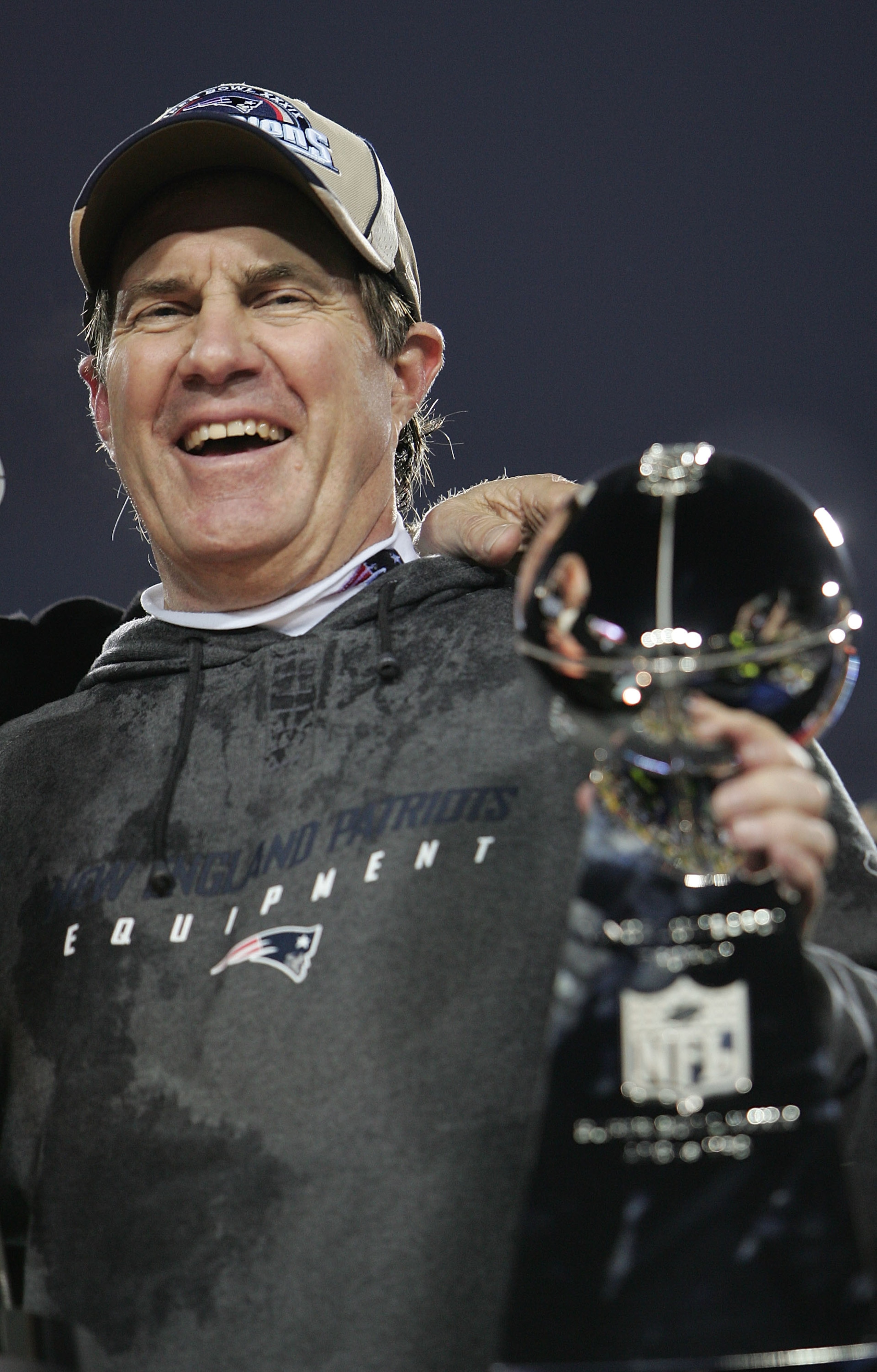 JACKSONVILLE, FLORIDA - FEBRUARY 06: Head coach Bill Belichick of the New England Patriots celebrates with the Lombardi trophy after defeating the Philadelphia Eagles in Super Bowl XXXIX at Alltel Stadium on February 6, 2005 in Jacksonville, Florida. Th JACKSONVILLE, FLORIDA - FEBRUARY 06: Head coach Bill Belichick of the New England Patriots celebrates with the Lombardi trophy after defeating the Philadelphia Eagles in Super Bowl XXXIX at Alltel Stadium on February 6, 2005 in Jacksonville, Florida. Th