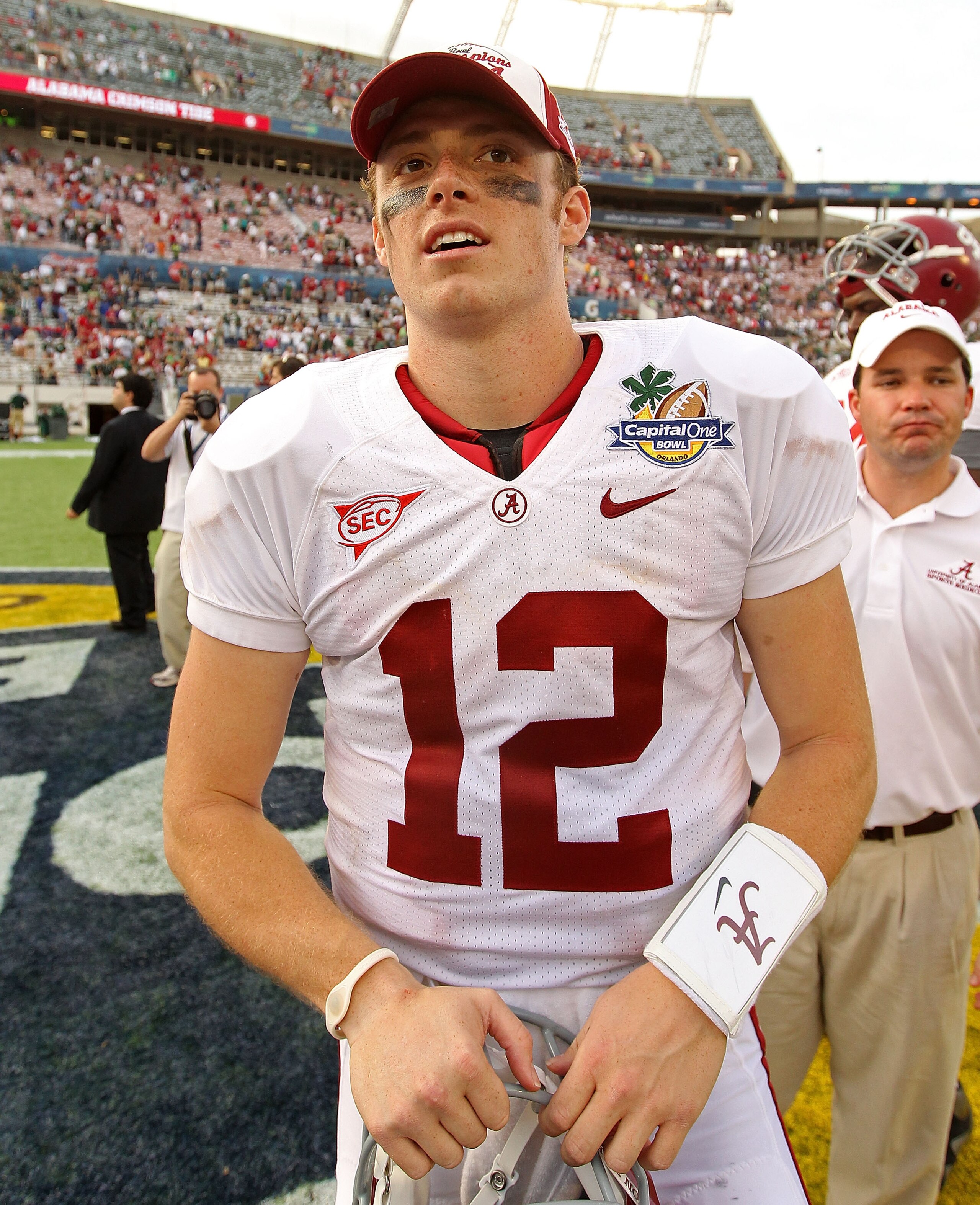 ORLANDO, FL - JANUARY 01: Greg McElroy #12 of the Alabama Crimson Tide smiles after winning the Capitol One Bowl against the Michigan State Spartans at the Florida Citrus Bowl on January 1, 2011 in Orlando, Florida. (Photo by Mike Ehrmann/Getty Images) ORLANDO, FL - JANUARY 01: Greg McElroy #12 of the Alabama Crimson Tide smiles after winning the Capitol One Bowl against the Michigan State Spartans at the Florida Citrus Bowl on January 1, 2011 in Orlando, Florida. (Photo by Mike Ehrmann/Getty Images)