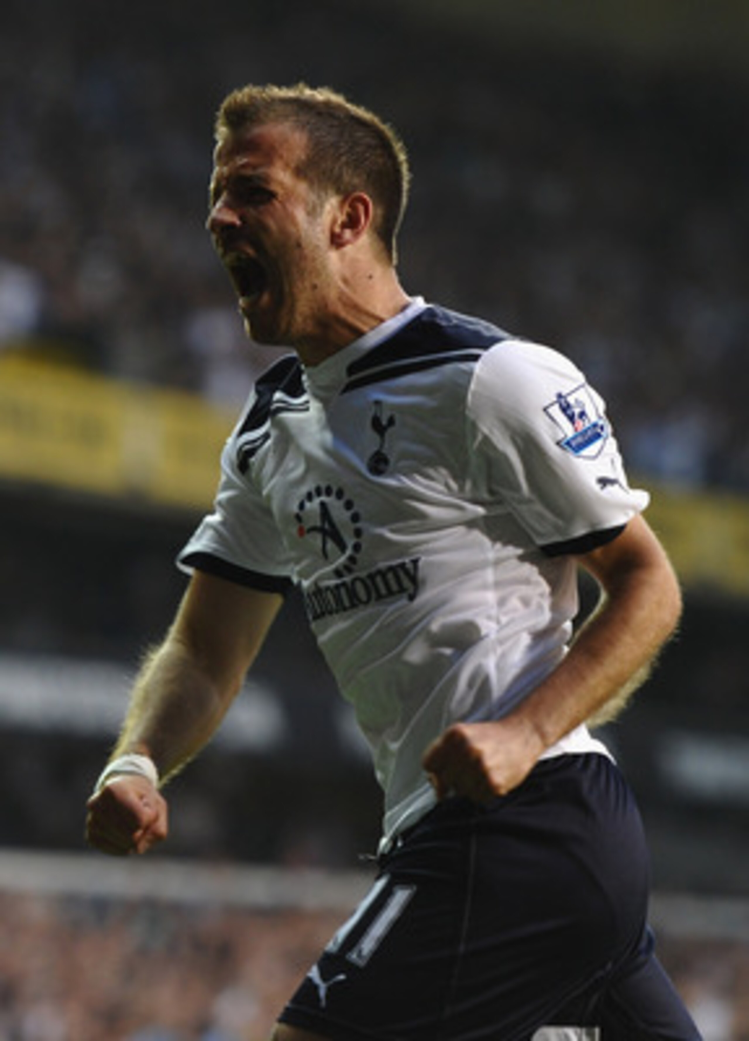 LONDON, ENGLAND - APRIL 20:  Rafael Van der Vaart of Spurs celebrates scoring their first goal during the Barclays Premier League match between Tottenham Hotspur and Arsenal at White Hart Lane on April 20, 2011 in London, England.  (Photo by Laurence Grif