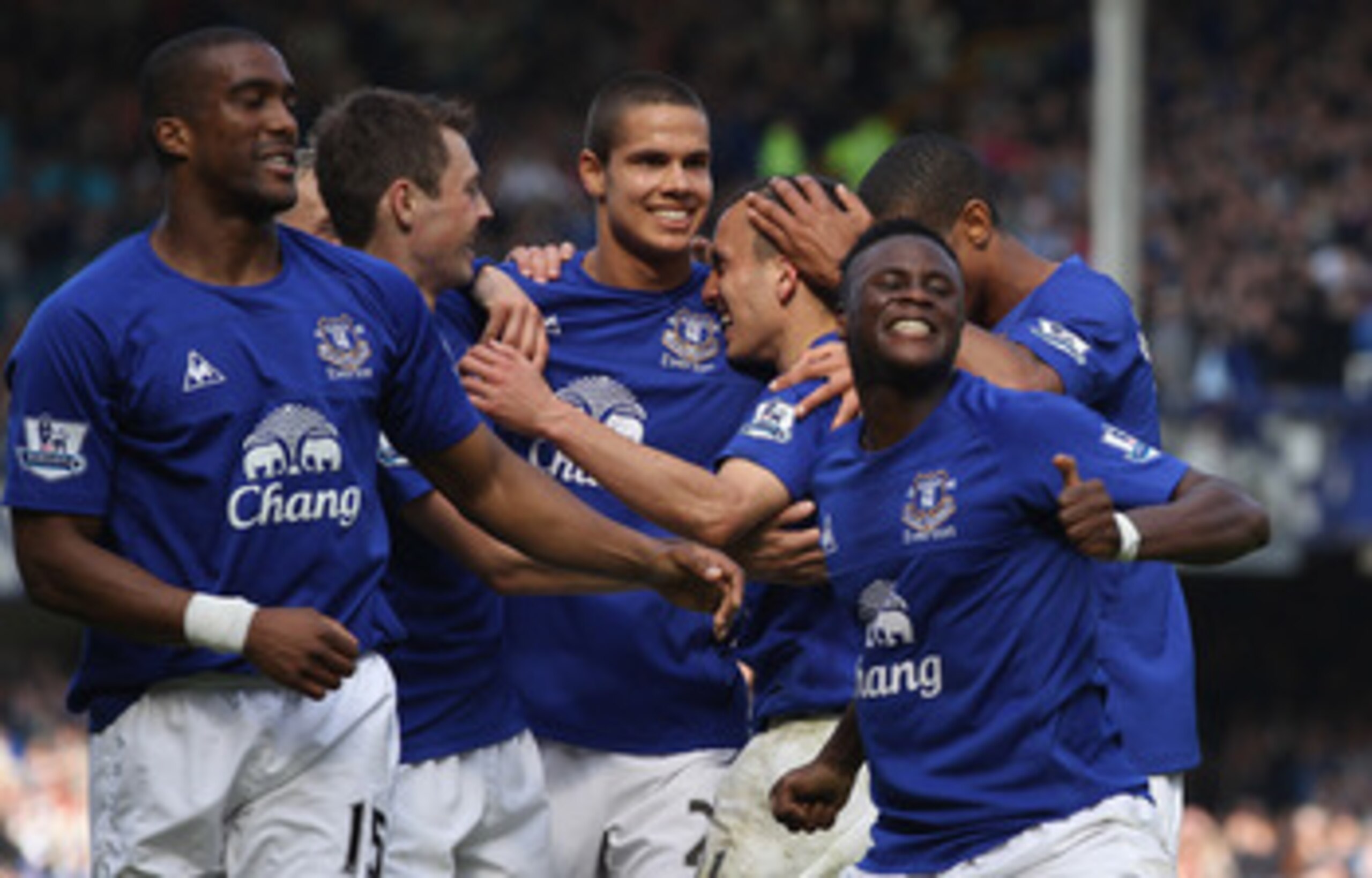 LIVERPOOL, ENGLAND - APRIL 16:  Magaye Gueye celebrates after team mate Leon Osman has scored the first goal  during the Barclays Premier League match between Everton and Blackburn Rovers at  Goodison Park on April 16, 2011 in Liverpool, England.  (Photo 