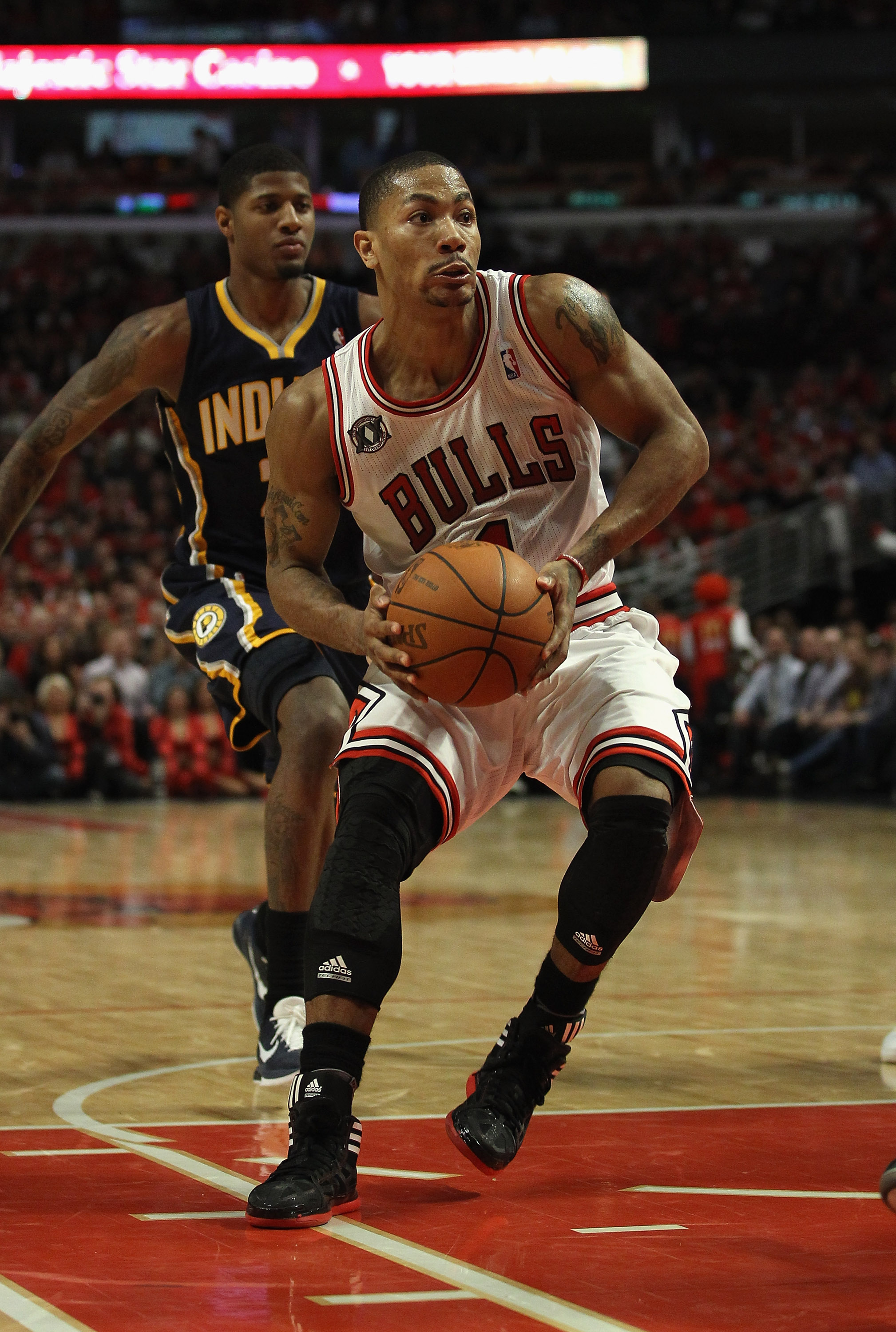CHICAGO, IL - APRIL 18: Derrick Rose #1 of the Chicago Bulls moves against the Indiana Pacers in Game Two of the Eastern Conference Quarterfinals in the 2011 NBA Playoffs at the United Center on April 18, 2011 in Chicago, Illinois. The Bulls defeated the