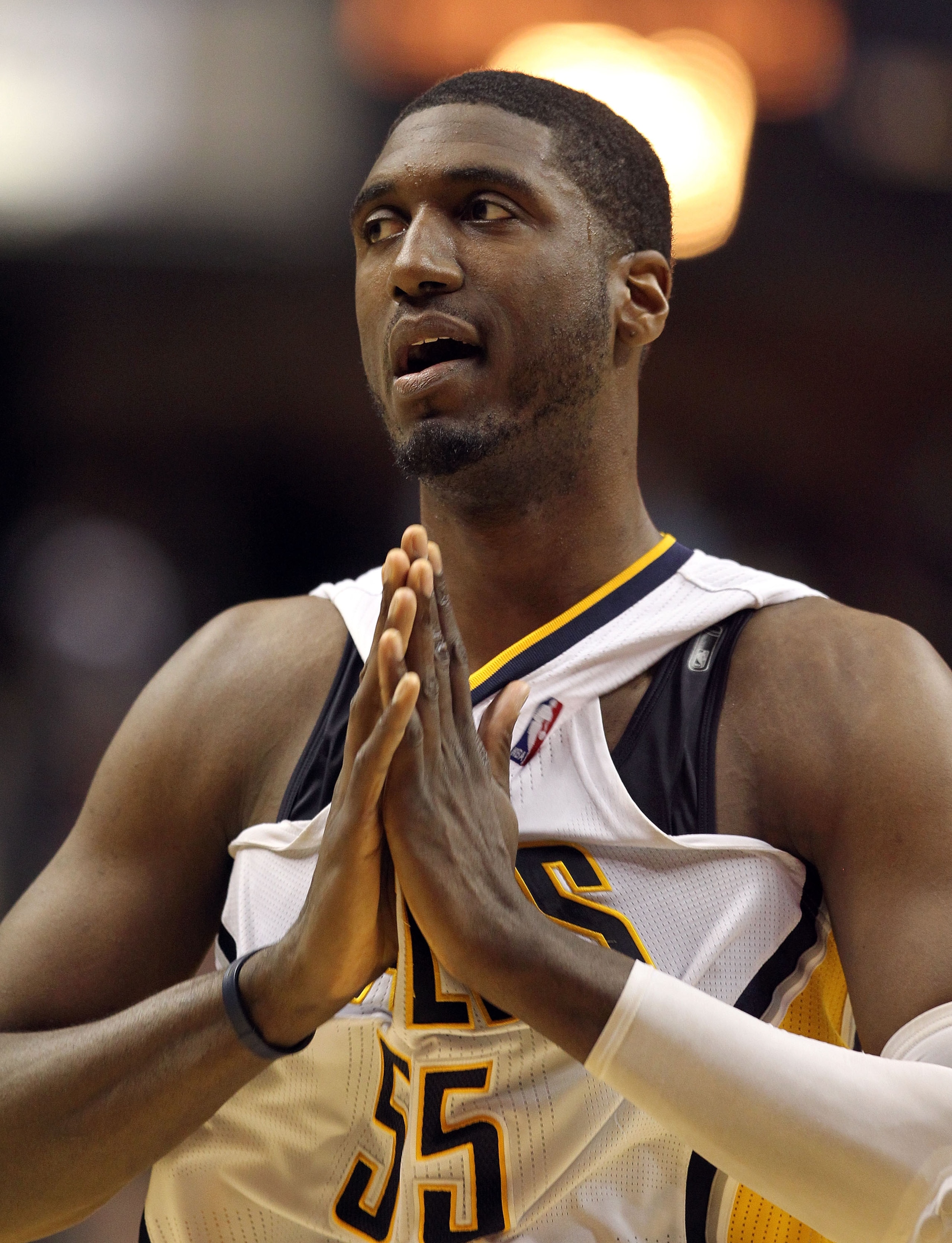 INDIANAPOLIS, IN - APRIL 21:  Roy Hibbert #55 of the Indiana Pacers walks off of the court following the 88-84 loss to the Chicago Bulls in Game three of the Eastern Conference Quarterfinals in the 2011 NBA Playoffs on April 21, 2011  at Conseco Fieldhous
