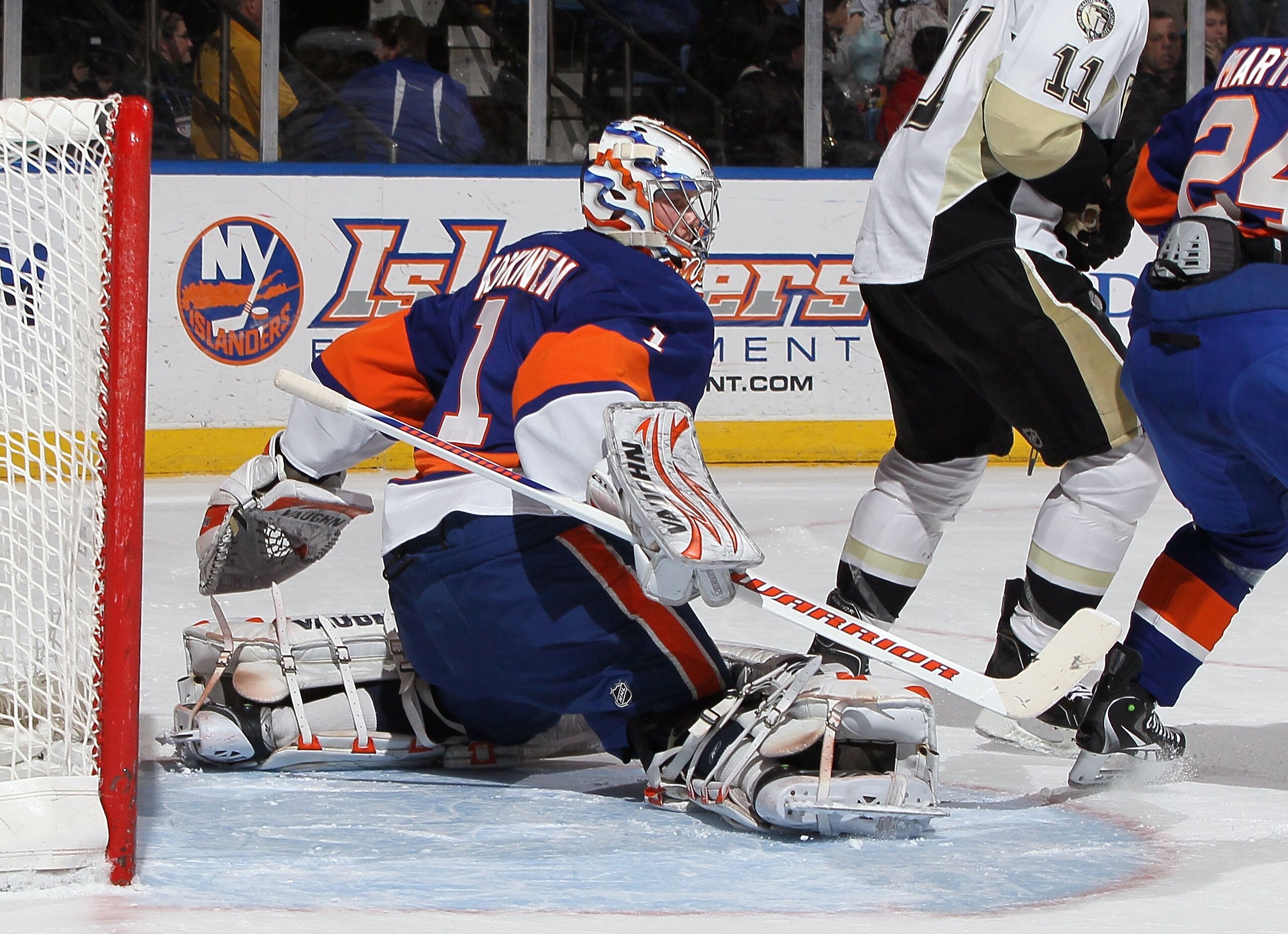 UNIONDALE, NY - FEBRUARY 11:  Mikko Koskinen #1 of the New York Islanders in action against the Pittsburgh Penguins on February 11, 2011 at Nassau Coliseum in Uniondale, New York. The Isles defeated the Pens 9-3.  (Photo by Jim McIsaac/Getty Images)