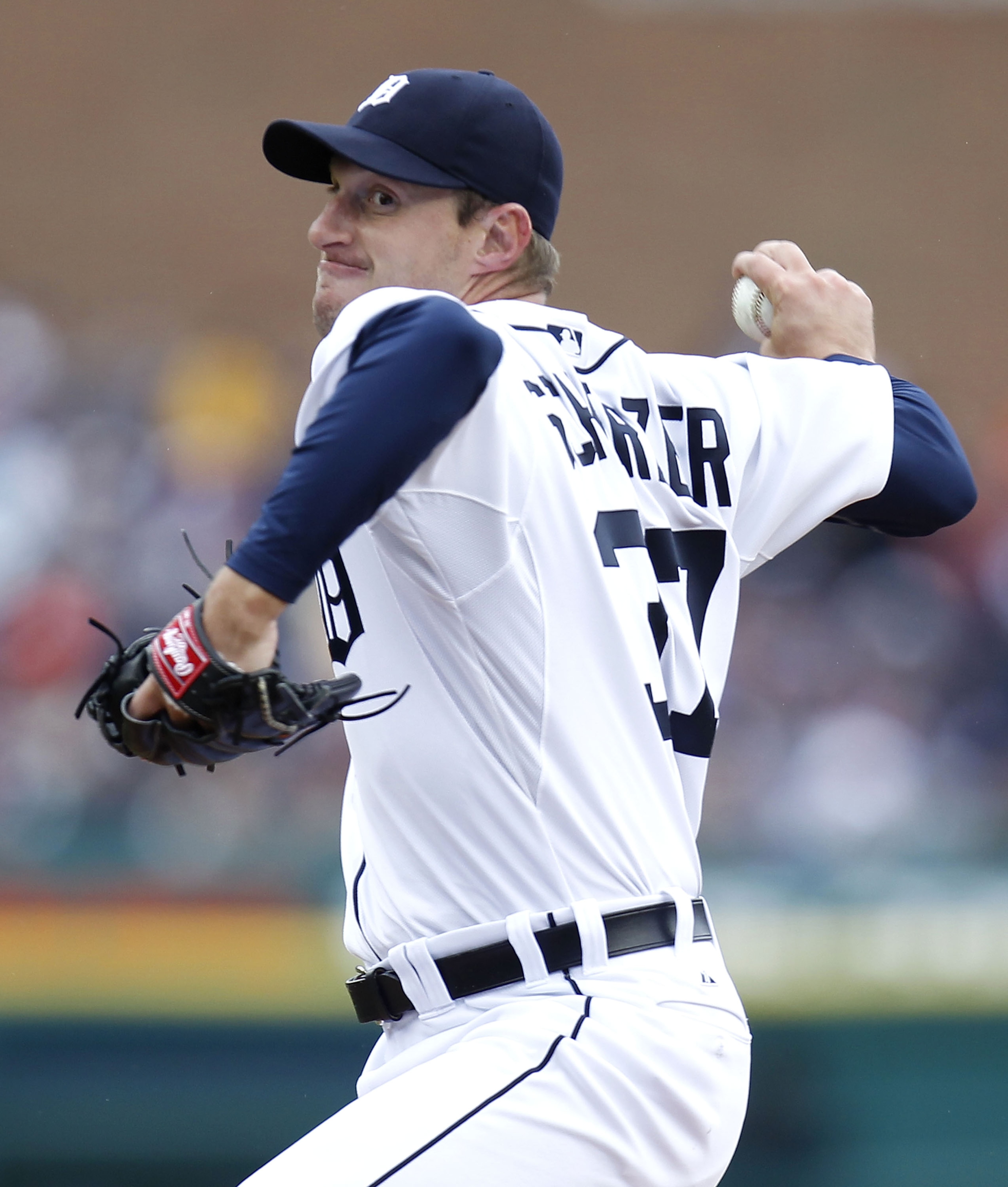 DETROIT, MI - APRIL 08:  Max Scherzer #37 of the Detroit Tigers thows a first inning pitch while playing the Kansas City Royals during Opening Day at Comerica Park on April 8, 2011 in Detroit, Michigan.  (Photo by Gregory Shamus/Getty Images)