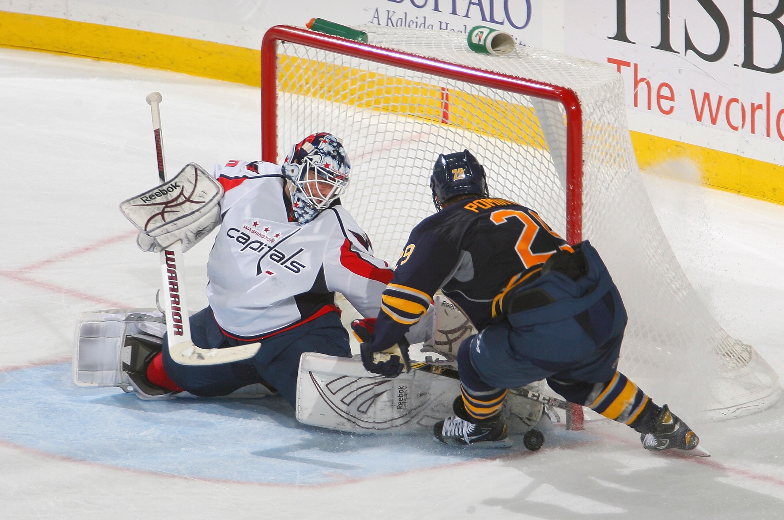 BUFFALO, NY - NOVEMBER 13: Braden Holtby #70  of the Washington Capitals makes a save in the third period on Jason Pominville #29 of the Buffalo Sabres  at HSBC Arena on November 13, 2010 in Buffalo, New York. Buffalo won 3-2 in overtime. (Photo by Rick S