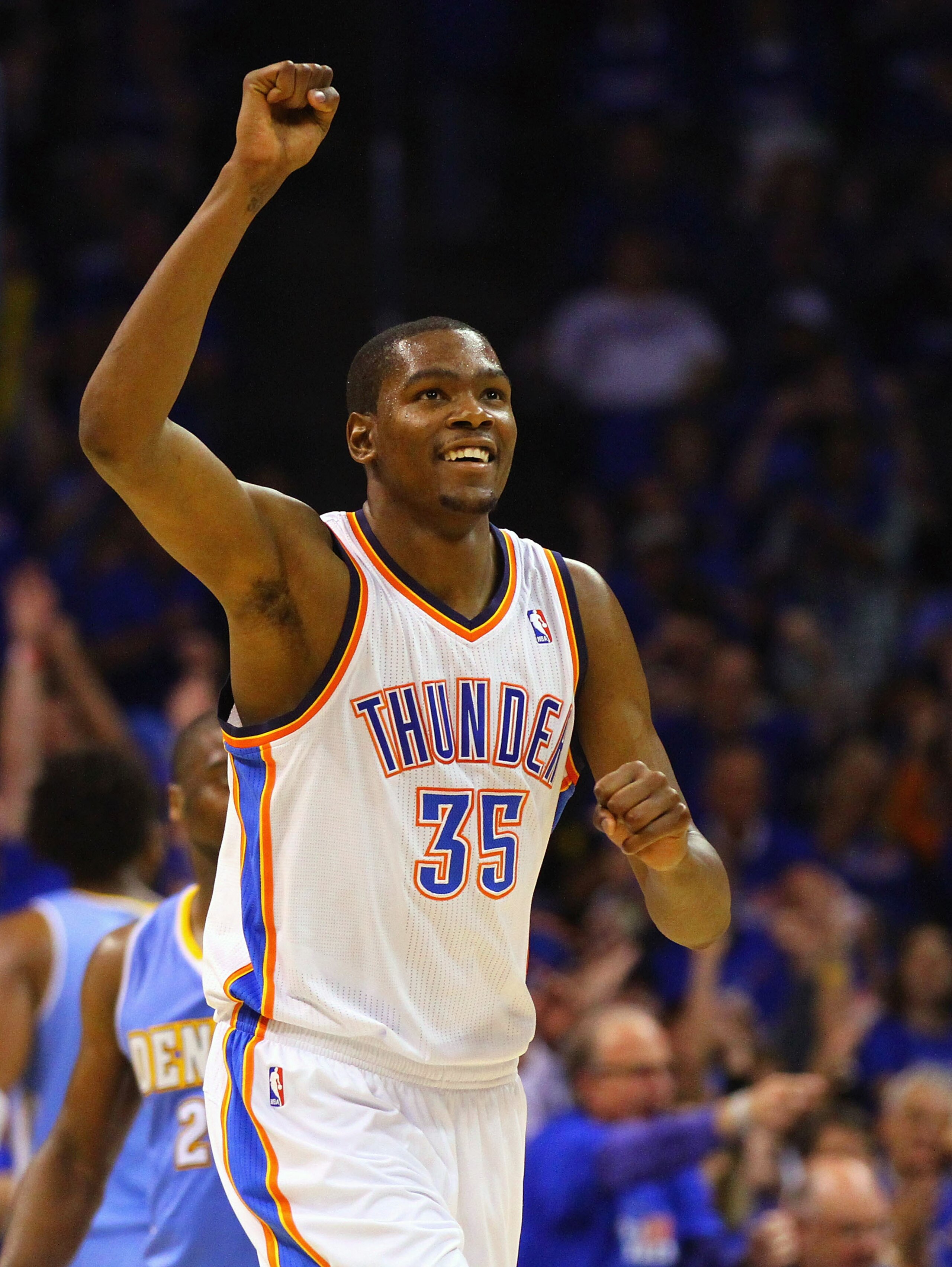 OKLAHOMA CITY, OK - APRIL 20: Kevin Durant #35 of the Oklahoma City Thunder celebrates a basket against the Denver Nuggets in Game Two of the Western Conference Quarterfinals in the 2011 NBA Playoffs on April 20, 2011 at the Ford Center in Oklahoma City, 