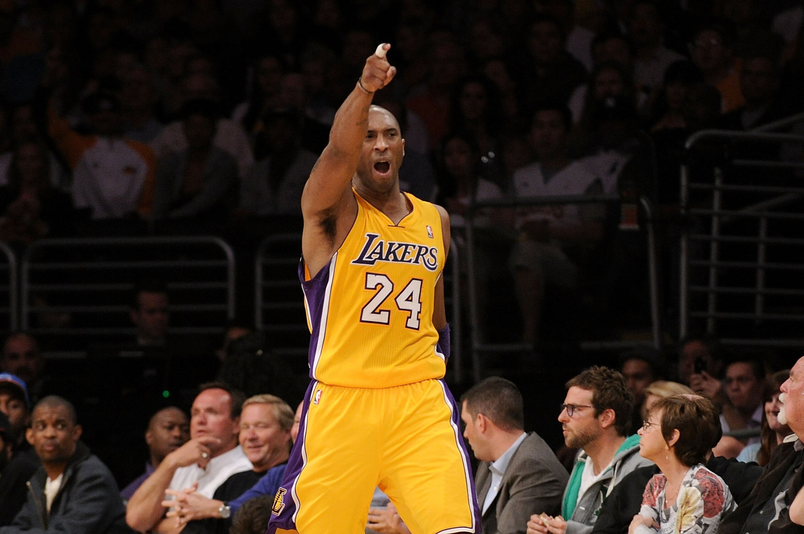 LOS ANGELES, CA - APRIL 20:  Kobe Bryant #24 of the Los Angeles Lakers reacts in the second quarter while taking on the New Orleans Hornets in Game Two of the Western Conference Quarterfinals in the 2011 NBA Playoffs on April 20, 2011 at Staples Center in