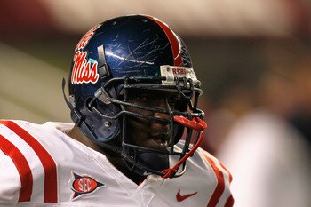 TUSCALOOSA, AL - OCTOBER 16:  Jerrell Powe #57 of the Ole Miss Rebels against the Alabama Crimson Tide at Bryant-Denny Stadium on October 16, 2010 in Tuscaloosa, Alabama.  (Photo by Kevin C. Cox/Getty Images)