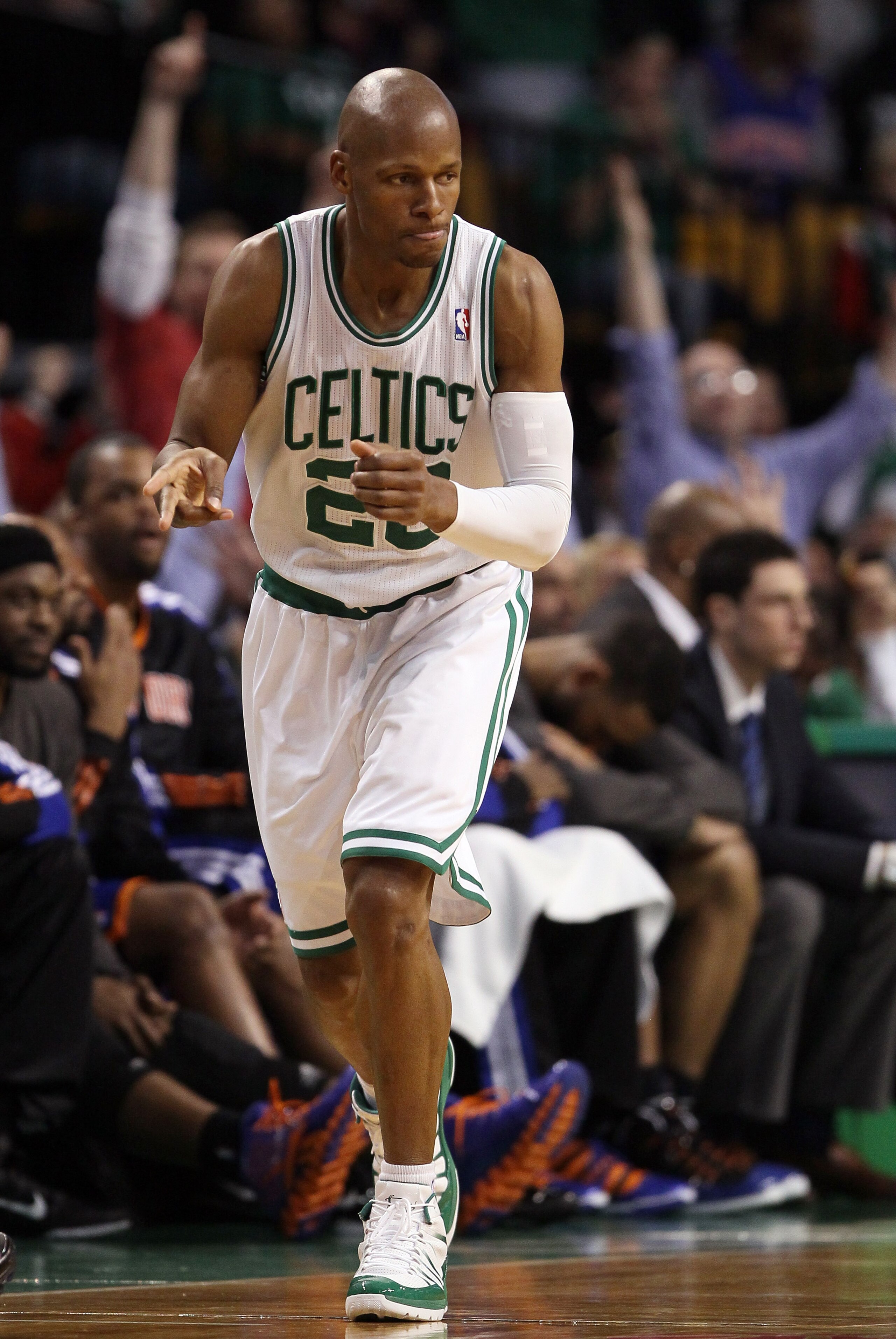 BOSTON, MA - APRIL 19:  Ray Allen #20 of the Boston Celtics celebrates his three point shot in the second half against the New York Knicks in Game Two of the Eastern Conference Quarterfinals in the 2011 NBA Playoffs on April 19, 2011 at the TD Garden in B