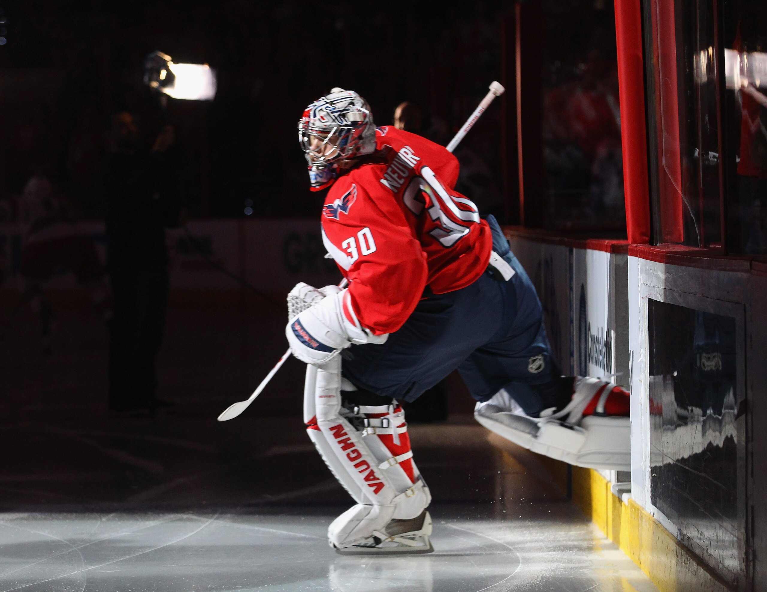 WASHINGTON, DC - APRIL 13: Michal Neuvirth #30 of the Washington Capitals leads his team out to face the New York Rangers in Game One of the Eastern Conference Quarterfinals during the 2011 NHL Stanley Cup Playoffs at Verizon Center on April 13, 2011 in W