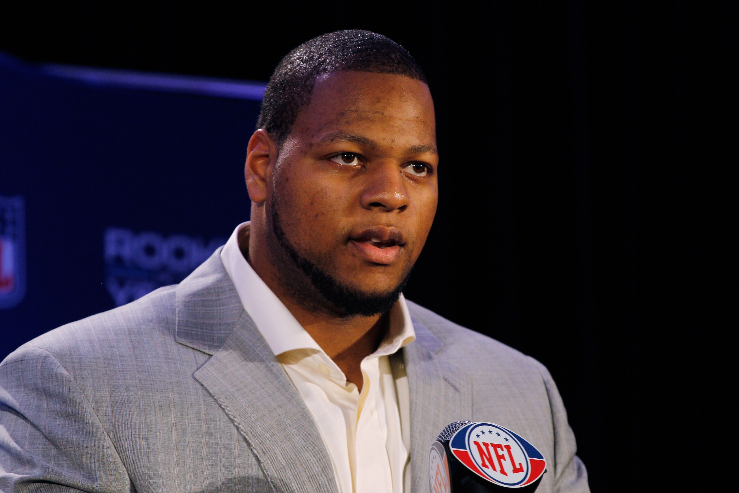 DALLAS, TX - FEBRUARY 03:  Ndamukong Suh #90 of the Detroit Lions speaks during a press conference where he accepted Pepsi's 2010 NFL Rookie of the Year Award at the Super Bowl XLV media center on February 3, 2011 in Dallas, Texas. The Green Bay Packers w
