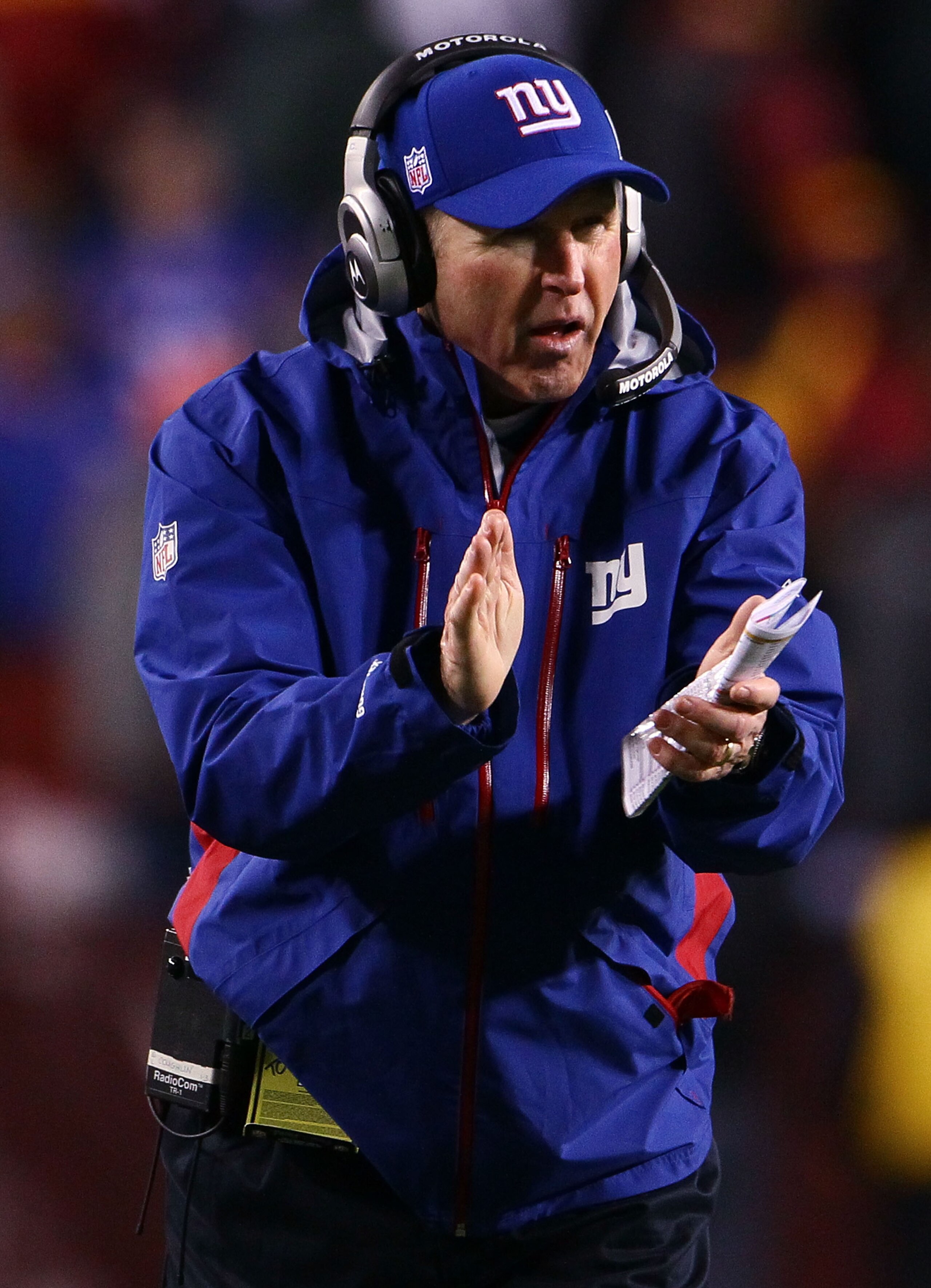 LANDOVER, MD - JANUARY 02:  Head coach Tom Coughlin of the New York Giants encourages his players in the fourth quarter against the Washington Redskins at FedEx Field on January 2, 2011 in Landover, Maryland. The Giants won the game 17-14.  (Photo by Win 