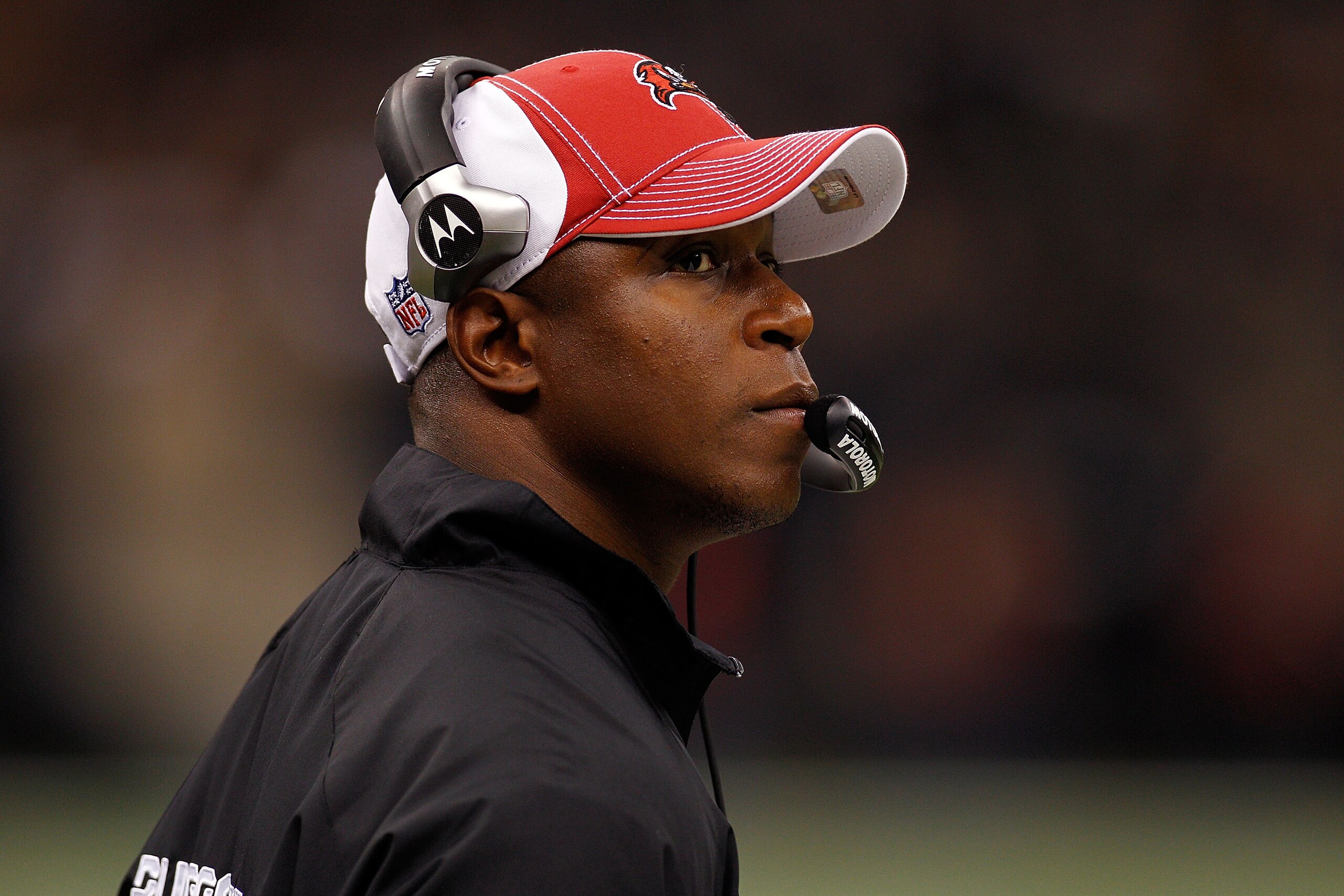 NEW ORLEANS, LA - JANUARY 02:  Head coach Raheem Morris of the Tampa Bay Buccaneers watches a play during the game against the New Orleans Saints at the Louisiana Superdome on January 2, 2011 in New Orleans, Louisiana.  The Buccaneers defeated the Saints 