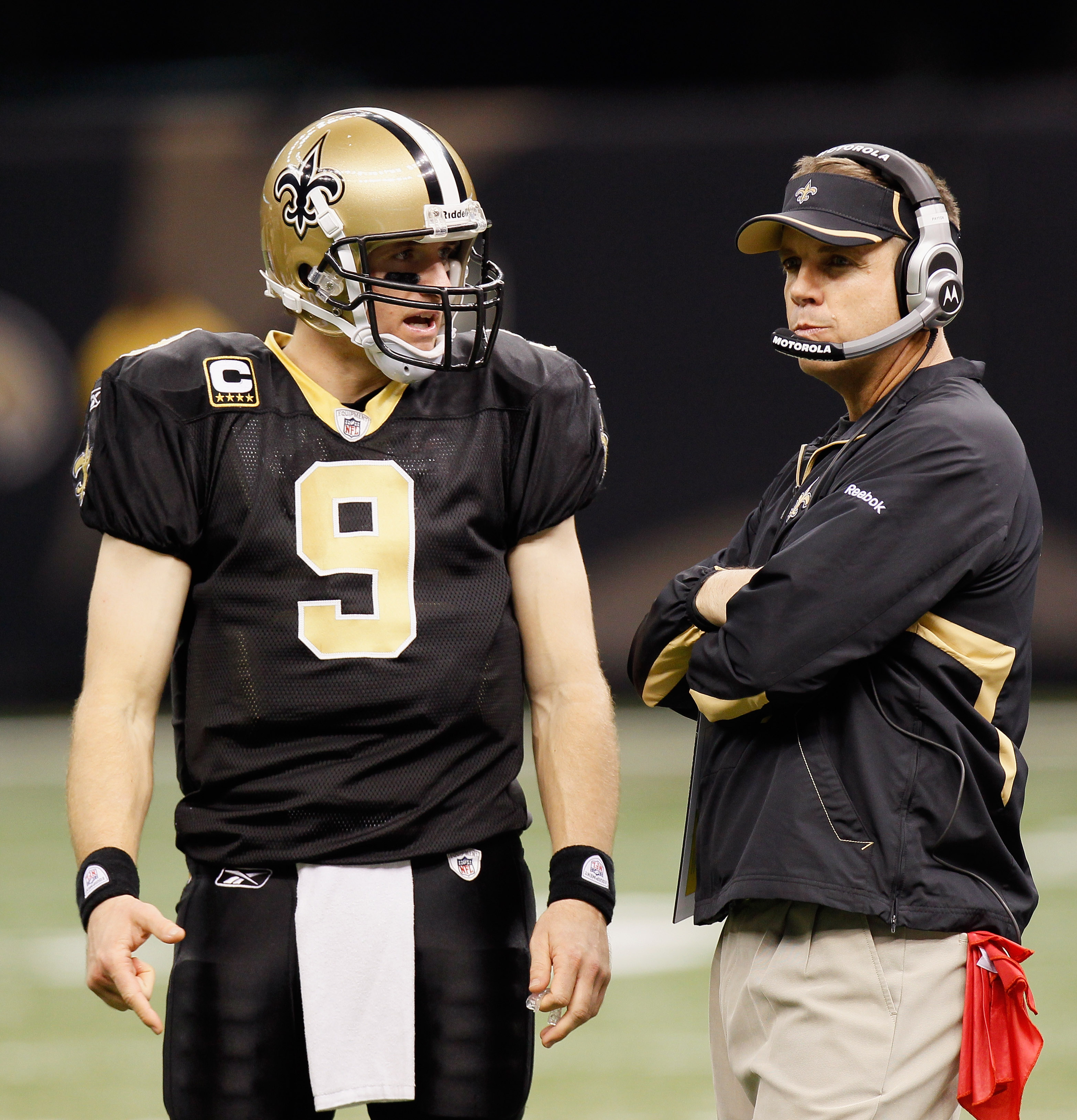 NEW ORLEANS - NOVEMBER 21: Quarterback Drew Brees #9 and head coach Sean Payton of the New Orleans Saints against the Seattle Seahawks at Louisiana Superdome on November 21, 2010 in New Orleans, Louisiana. (Photo by Kevin C. Cox/Getty Images) NEW ORLEANS - NOVEMBER 21: Quarterback Drew Brees #9 and head coach Sean Payton of the New Orleans Saints against the Seattle Seahawks at Louisiana Superdome on November 21, 2010 in New Orleans, Louisiana. (Photo by Kevin C. Cox/Getty Images)