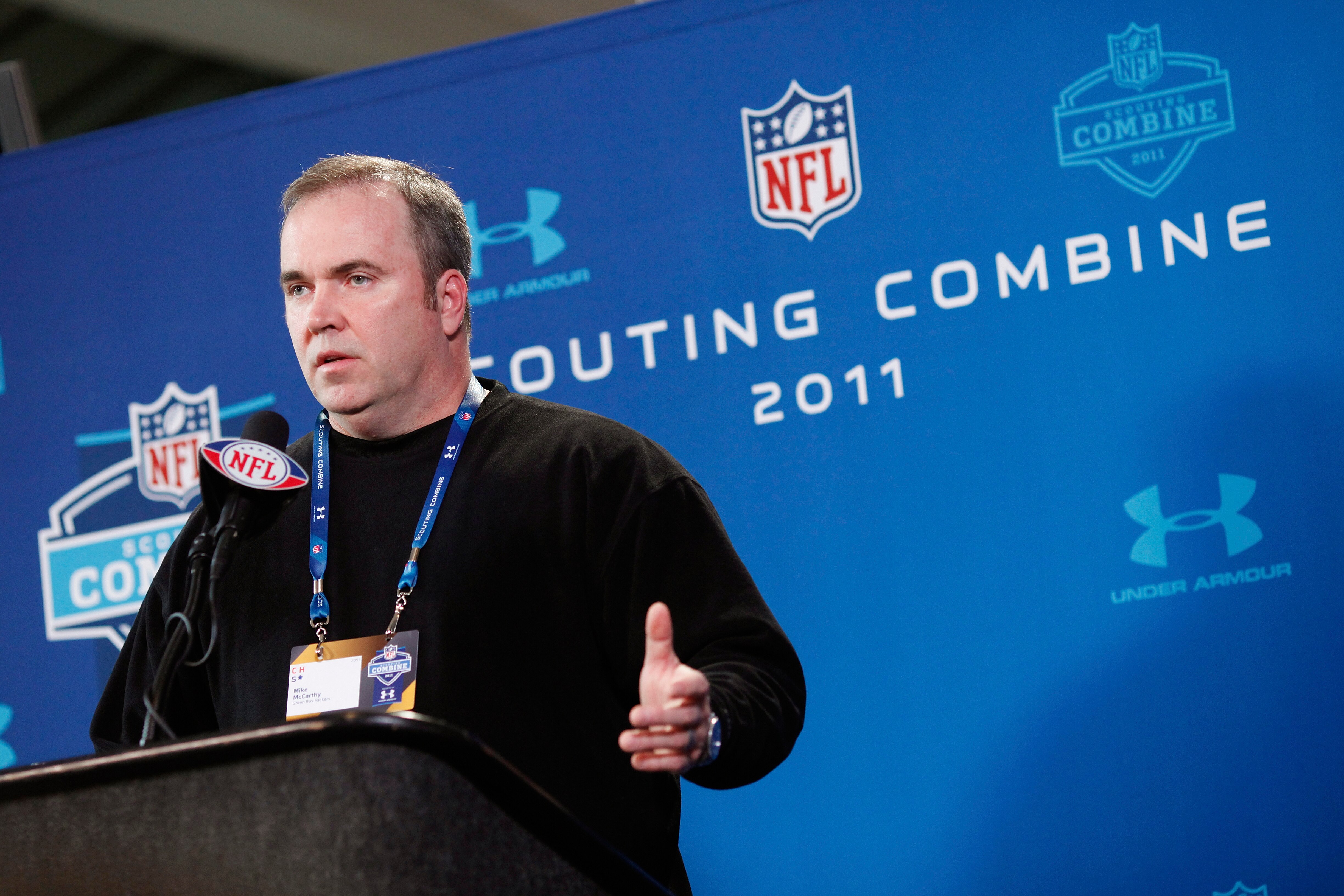 INDIANAPOLIS, IN - FEBRUARY 25: Green Bay Packers head coach Mike McCarthy answers questions during a media session at the 2011 NFL Scouting Combine at Lucas Oil Stadium on February 25, 2011 in Indianapolis, Indiana. (Photo by Joe Robbins/Getty Images) INDIANAPOLIS, IN - FEBRUARY 25: Green Bay Packers head coach Mike McCarthy answers questions during a media session at the 2011 NFL Scouting Combine at Lucas Oil Stadium on February 25, 2011 in Indianapolis, Indiana. (Photo by Joe Robbins/Getty Images)