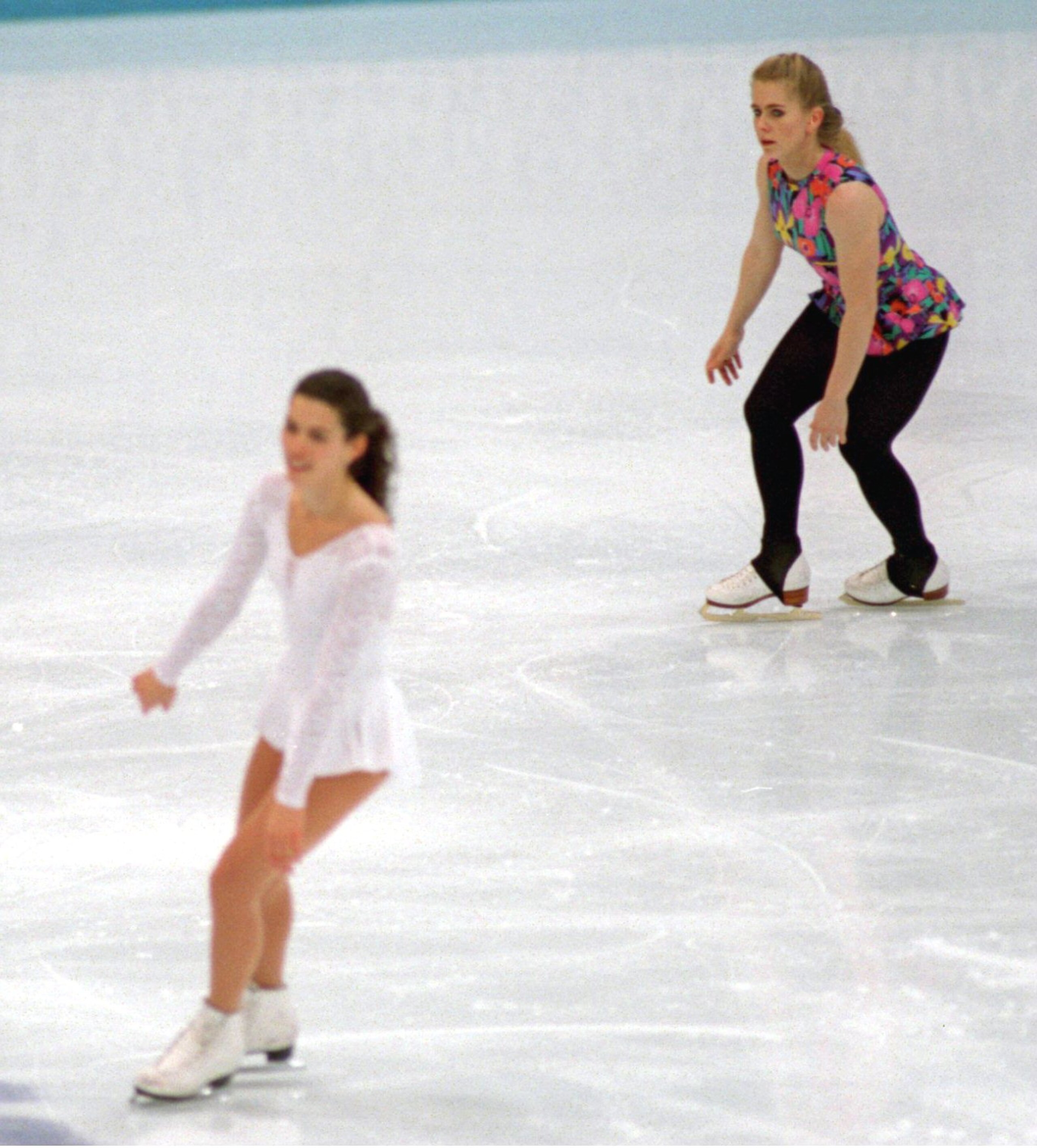 17 FEB 1994:  NANCY KERRIGAN AND TONYA HARDING OF THE USA ON THE ICE TOGETHER DURING TRAINING AT LILLEHAMMER, NORWAY. Mandatory Credit: Pascal Rondeau/ALLSPORT
