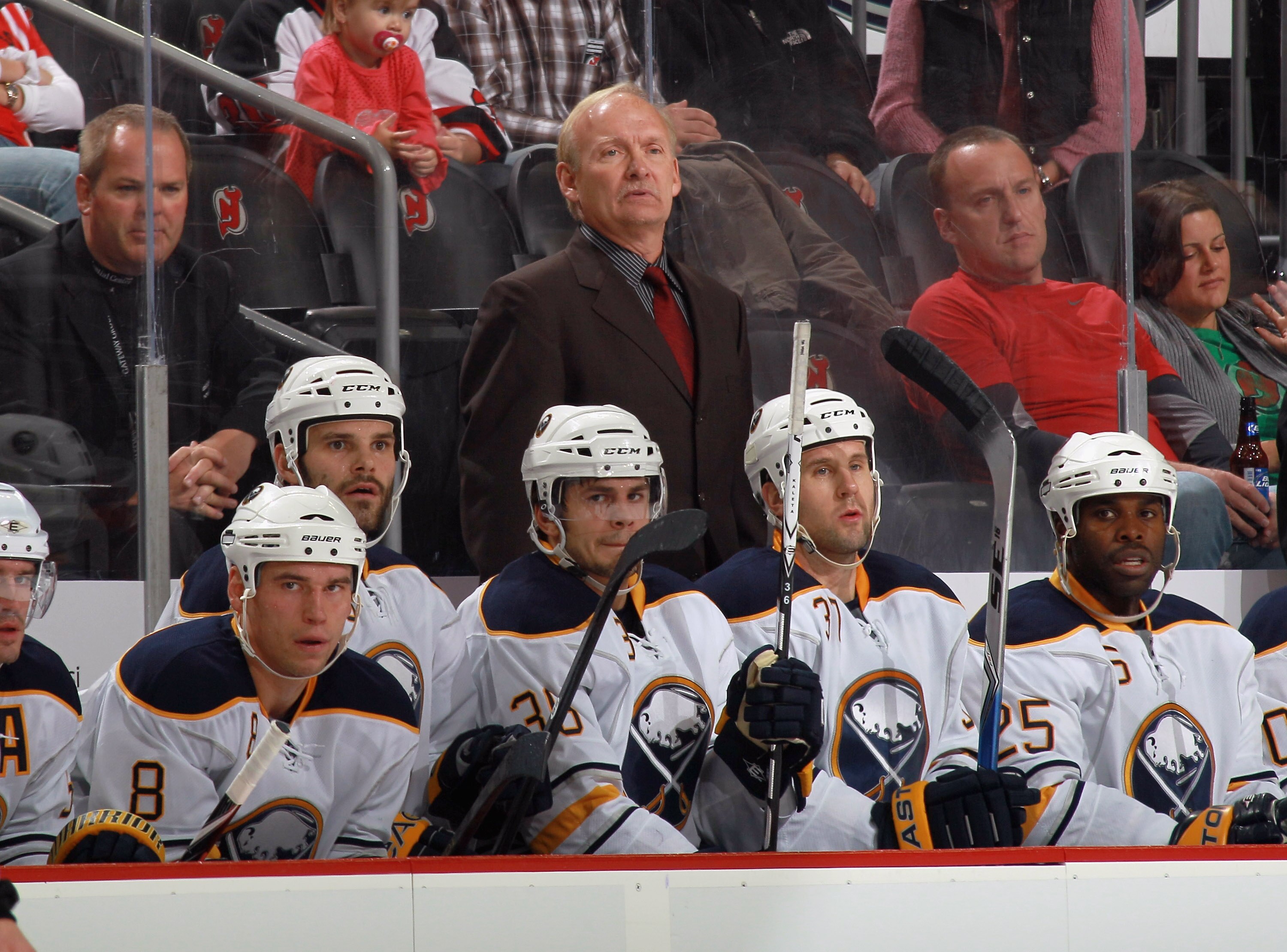 NEWARK, NJ - NOVEMBER 10:  Head coach Lindy Ruff of the Buffalo Sabres works his 1000th NHL game against the New Jersey Devils at the Prudential Center on November 10, 2010 in Newark, New Jersey.  (Photo by Bruce Bennett/Getty Images)