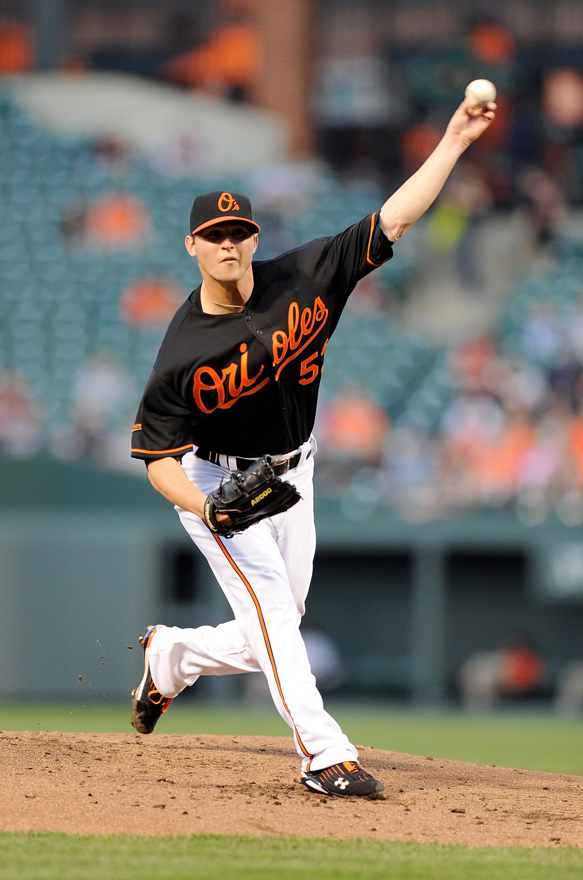 BALTIMORE, MD - APRIL 20:  Zach Britton #53 of the Baltimore Orioles pitches against the Minnesota Twins at Oriole Park at Camden Yards on April 20, 2011 in Baltimore, Maryland.  (Photo by Greg Fiume/Getty Images)