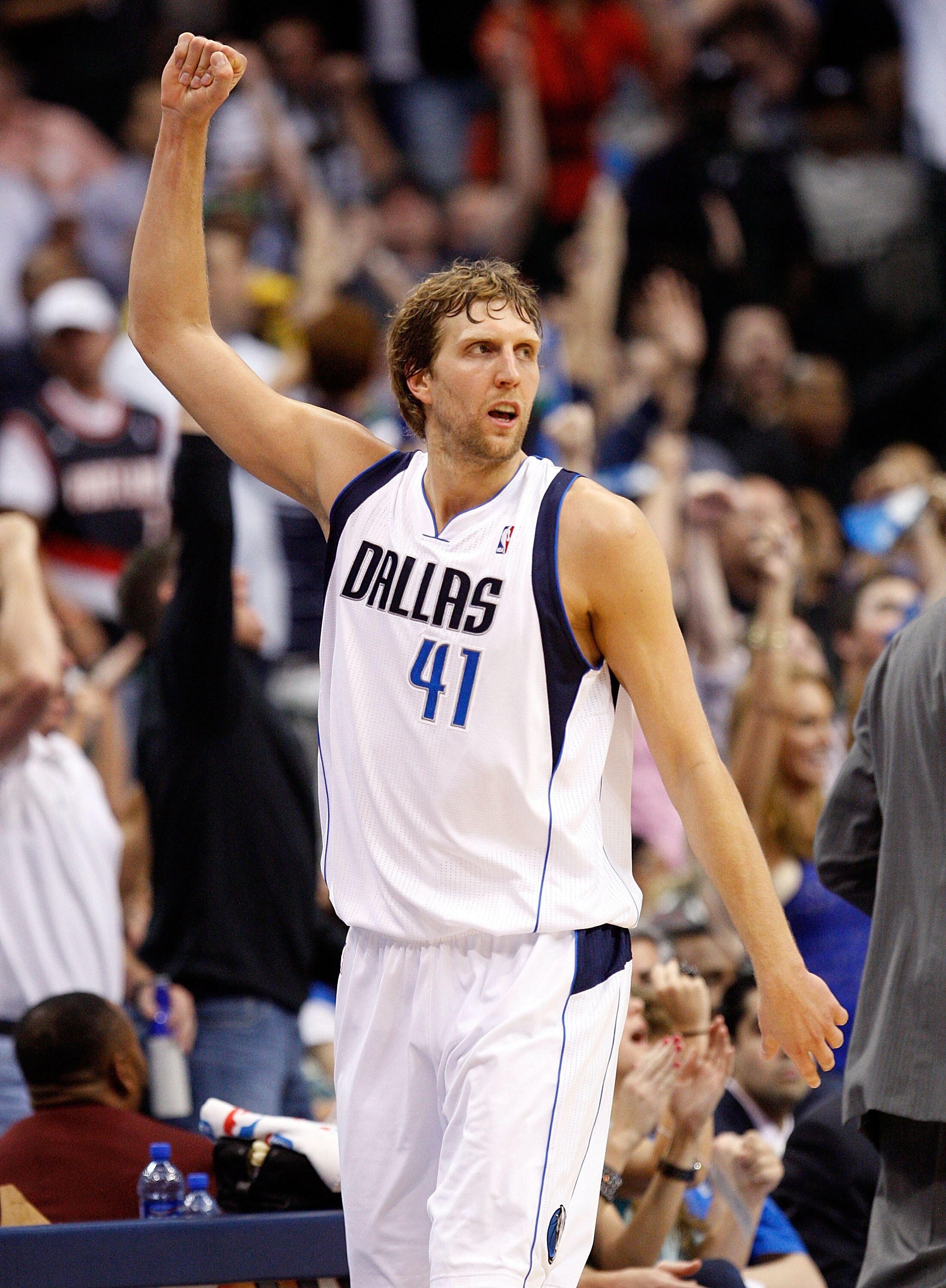 DALLAS, TX - APRIL 19:  Forward Dirk Nowitzki #41 of the Dallas Mavericks reacts against the Portland Trail Blazers in Game Two of the Western Conference Quarterfinals during the 2011 NBA Playoffs on April 19, 2011 at American Airlines Center in Dallas, T