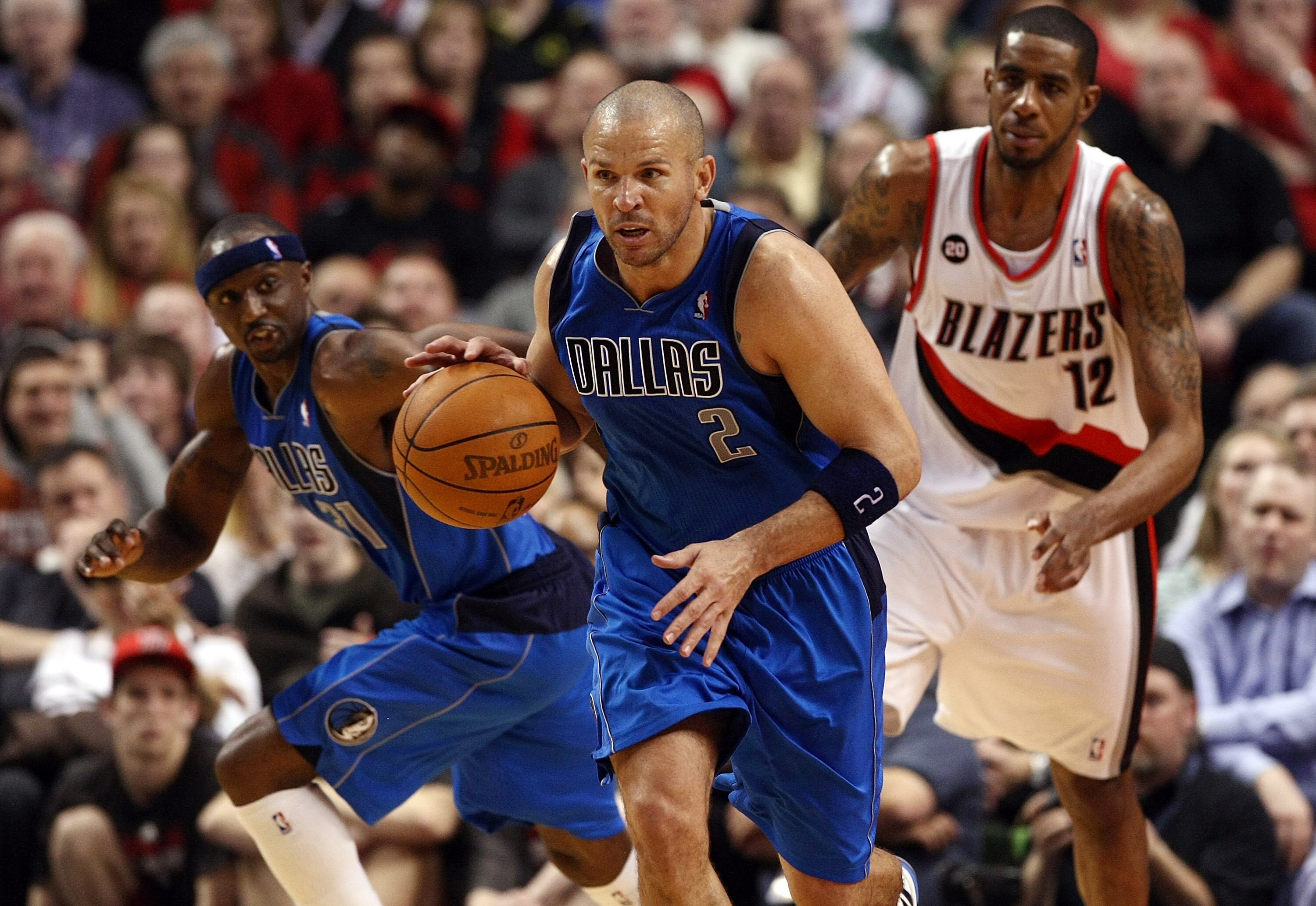 PORTLAND, OR - APRIL 21:  Jason Kidd #2 of the Dallas Mavericks dribbles the ball against  the Portland Trail Blazers in Game Three of the Western Conference Quarterfinals in the 2011 NBA Playoffs on April 21, 2011 at the Rose Garden in Portland, Oregon.