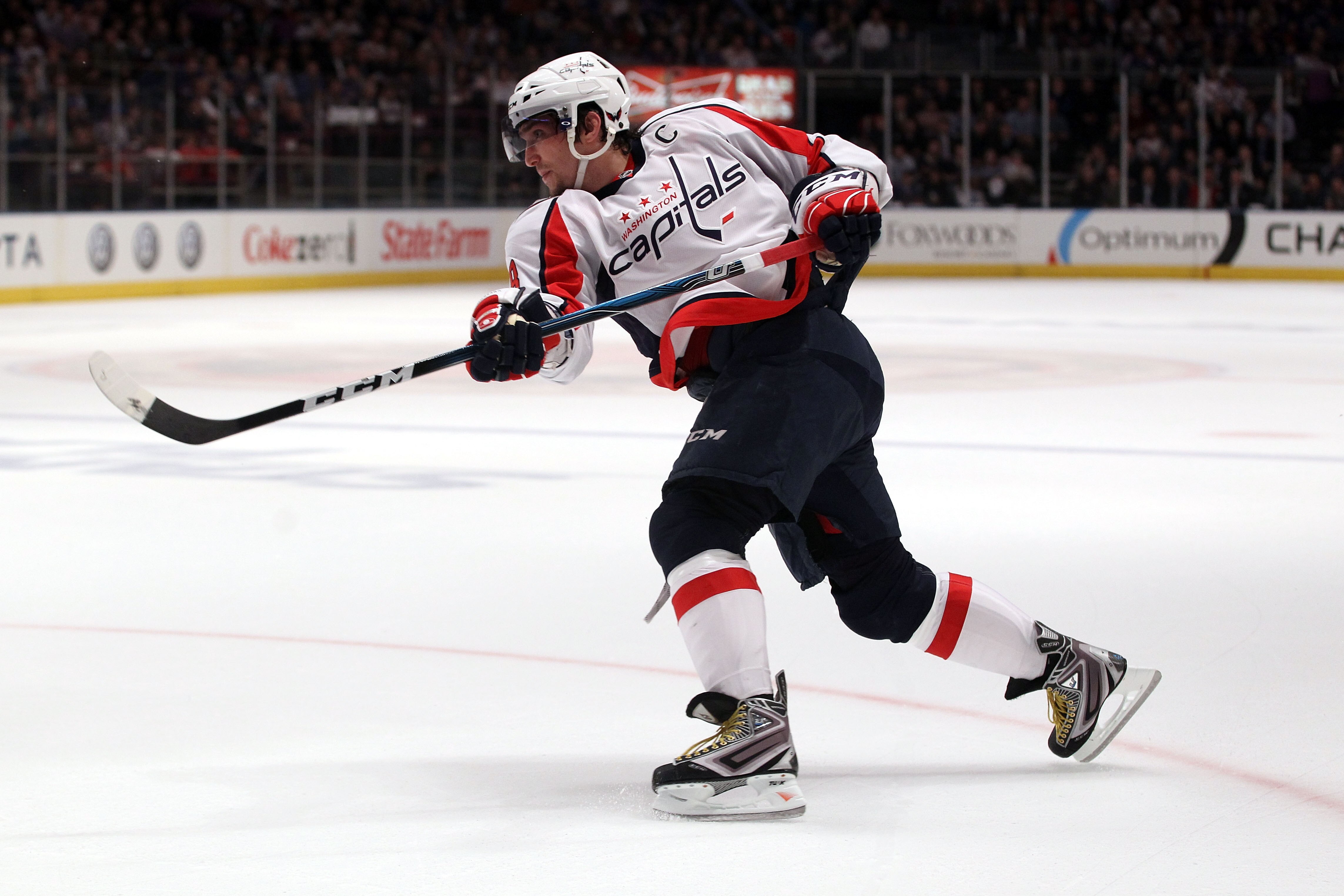 NEW YORK, NY - APRIL 20:  Alex Ovechkin #8 of the Washington Capitals follows through on a shot attempt against the New York Rangers in Game Four of the Eastern Conference Quarterfinals during the 2011 NHL Stanley Cup Playoffs at Madison Square Garden on