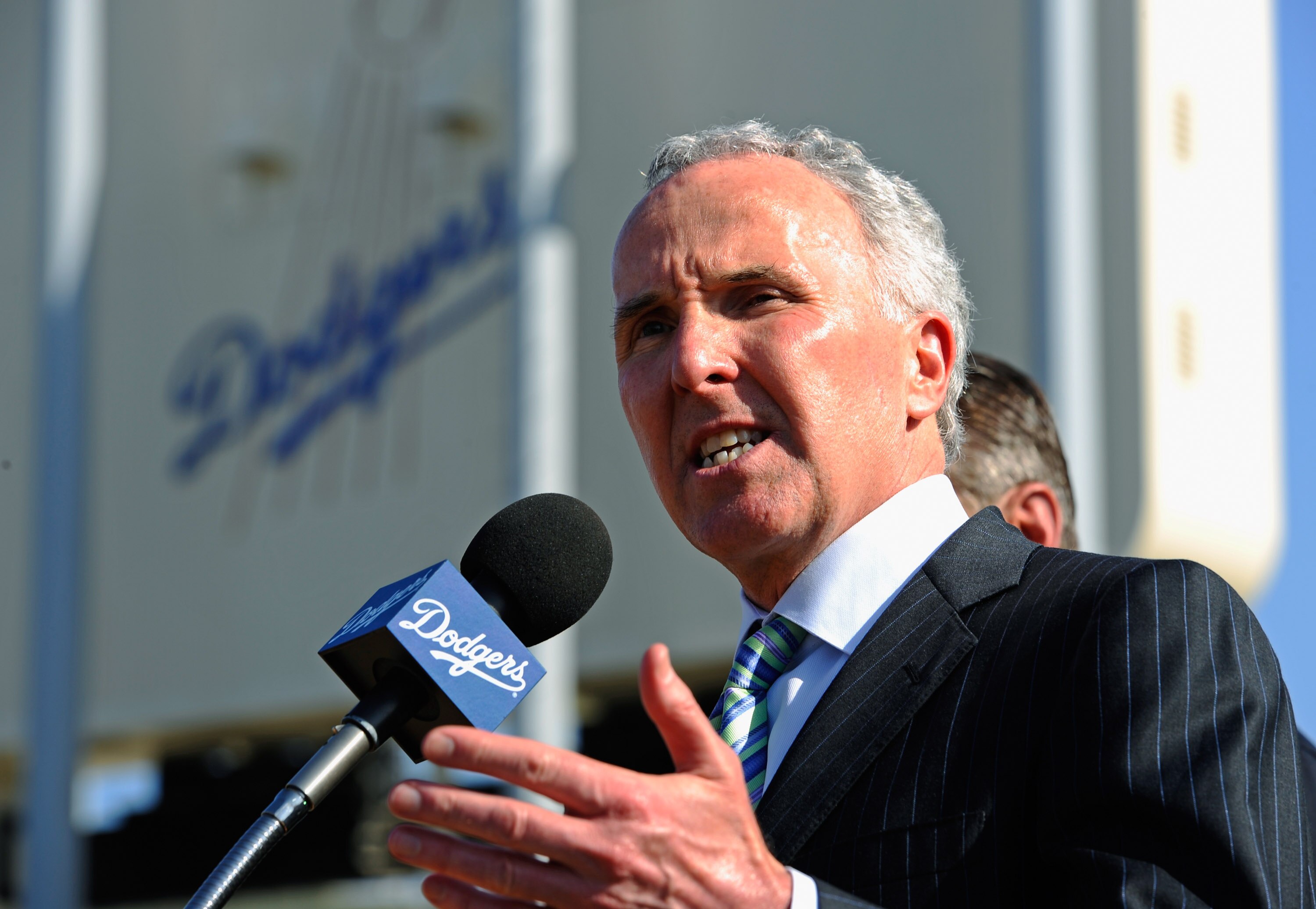 LOS ANGELES, CA - APRIL 14:  Los Angeles Dodgers owner Frank McCourt  speaks at a news conference at Dodger Stadium prior to a game between the St. Louis Cardinals and Los Angeles Dodgers on April 14, 2011 in Los Angeles, California. Large numbers of LAPD