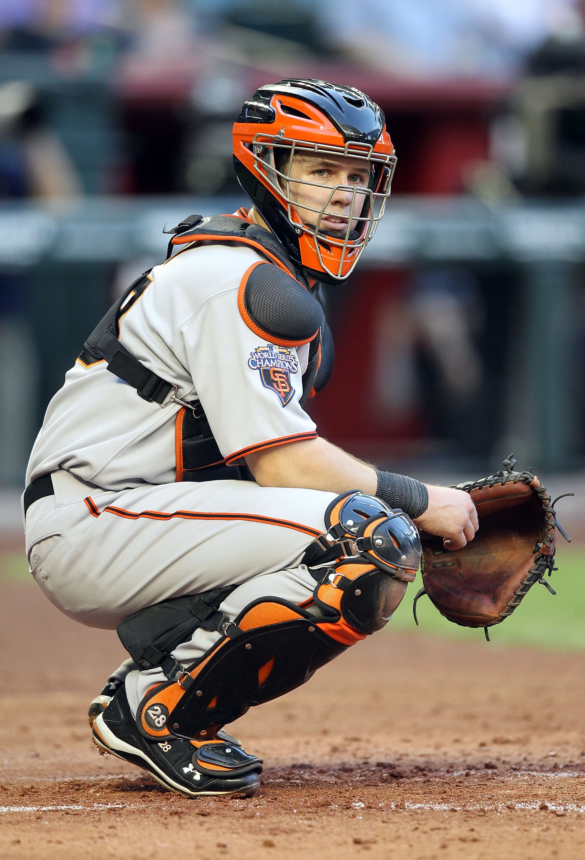 PHOENIX, AZ - APRIL 16:  Catcher Buster Posey #28 of the San Francisco Giants in action during the Major League Baseball game against the Arizona Diamondbacks at Chase Field on April 16, 2011 in Phoenix, Arizona. The Giants defeated the Diamondbacks 5-3. 