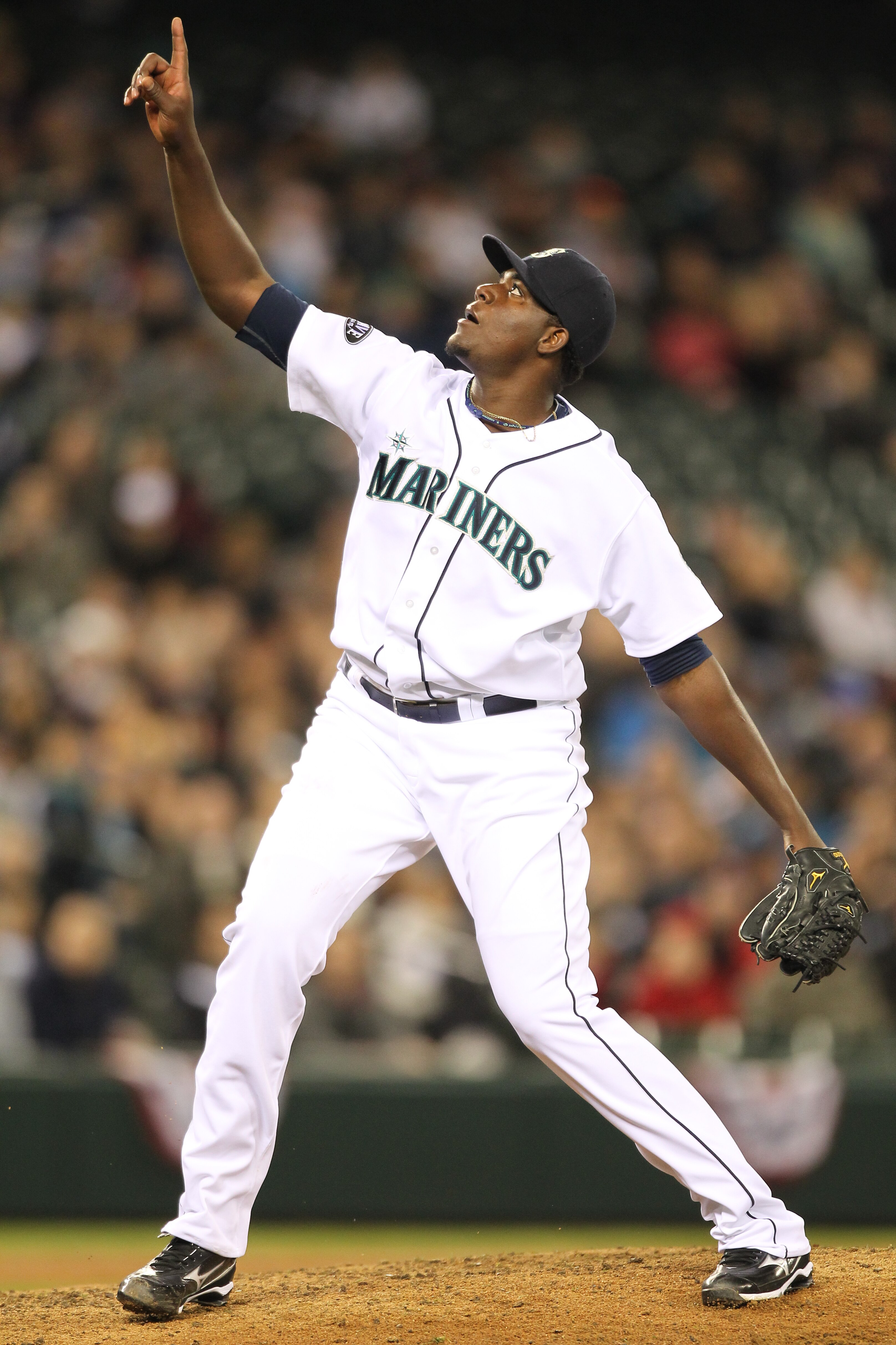 SEATTLE, WA - APRIL 12:  Starting pitcher Michael Pineda #36 of the Seattle Mariners points to a pop foul against the Toronto Blue Jays at Safeco Field on April 12, 2011 in Seattle, Washington. (Photo by Otto Greule Jr/Getty Images)