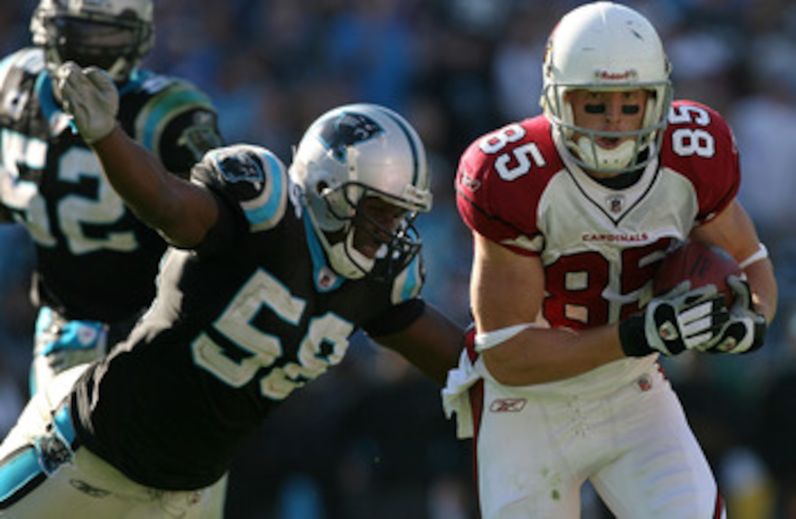 CHARLOTTE, NC - OCTOBER 26: Jerheme Urban #85 of the Arizona Cardinals tries to run away from Thomas Davis #58 of the Carolina Panthers during their game on October 26, 2008 at Bank of America Stadium in Charlotte, North Carolina. (Photo by Streeter Le CHARLOTTE, NC - OCTOBER 26: Jerheme Urban #85 of the Arizona Cardinals tries to run away from Thomas Davis #58 of the Carolina Panthers during their game on October 26, 2008 at Bank of America Stadium in Charlotte, North Carolina. (Photo by Streeter Le