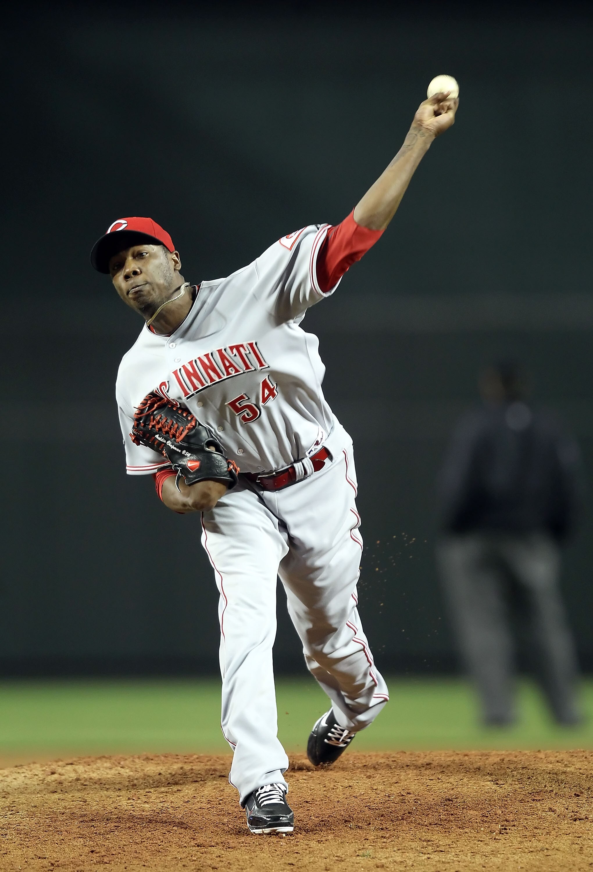 PHOENIX, AZ - APRIL 09:  Relief pitcher Aroldis Chapman #54 of the Cincinnati Reds pitches against the Arizona Diamondbacks during the Major League Baseball game at Chase Field on April 9, 2011 in Phoenix, Arizona.  The Reds defeated the Diamondbacks 6-1.