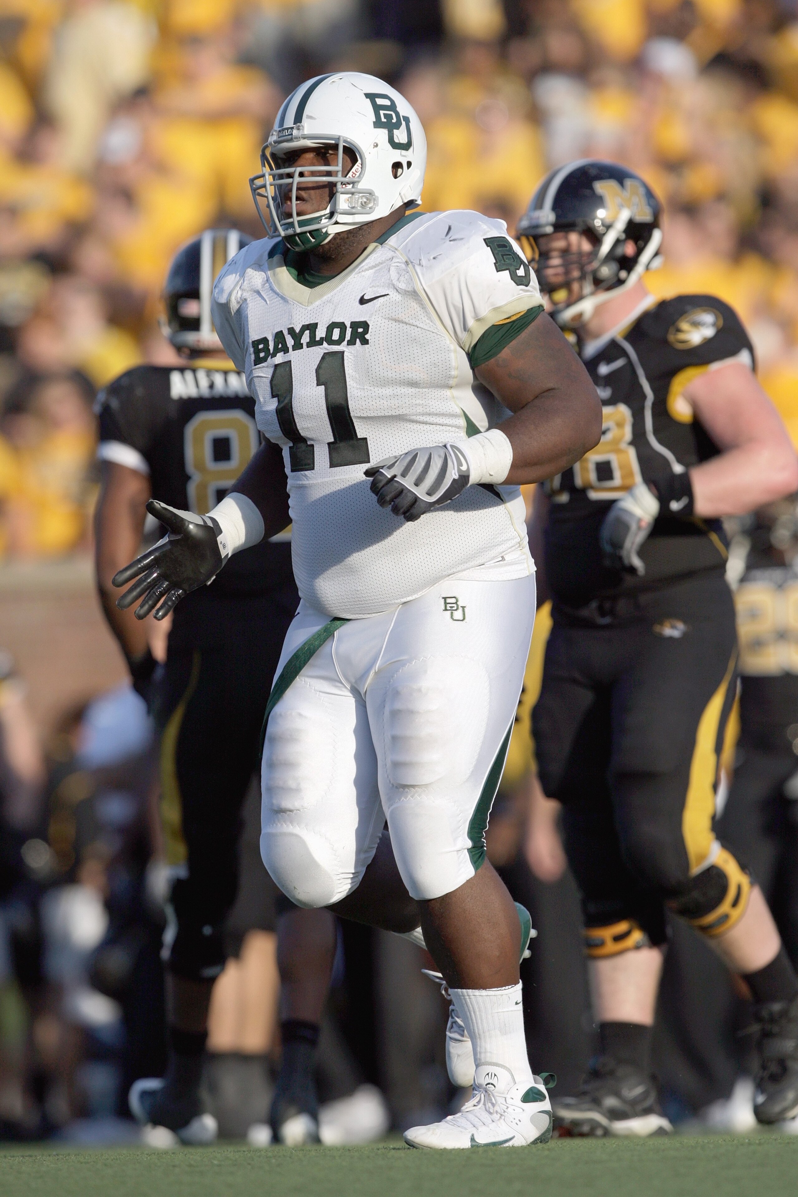 COLUMBIA, MO - NOVEMBER 7: Phil Taylor #11 of the Baylor Bears moves on the field during the game against the Missouri Tigers at Faurot Field at Memorial Stadium on November 7, 2009 in Columbia, Missouri. (Photo by Jamie Squire/Getty Images)