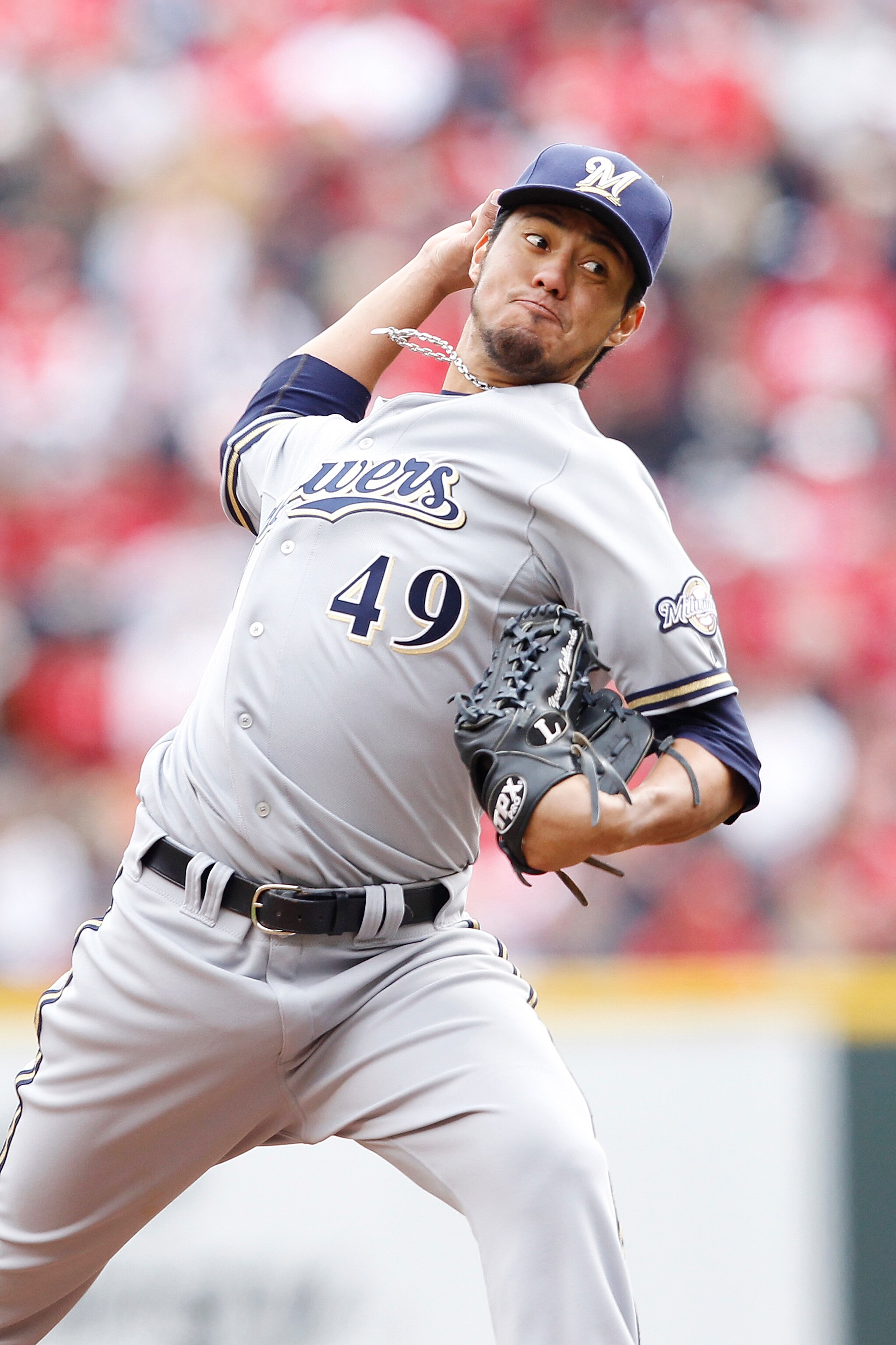 CINCINNATI, OH - MARCH 31: Yovani Gallardo #49 of the Milwaukee Brewers pitches against the Cincinnati Reds in the opening day game at Great American Ballpark on March 31, 2011 in Cincinnati, Ohio. The Reds won 7-6. (Photo by Joe Robbins/Getty Images)