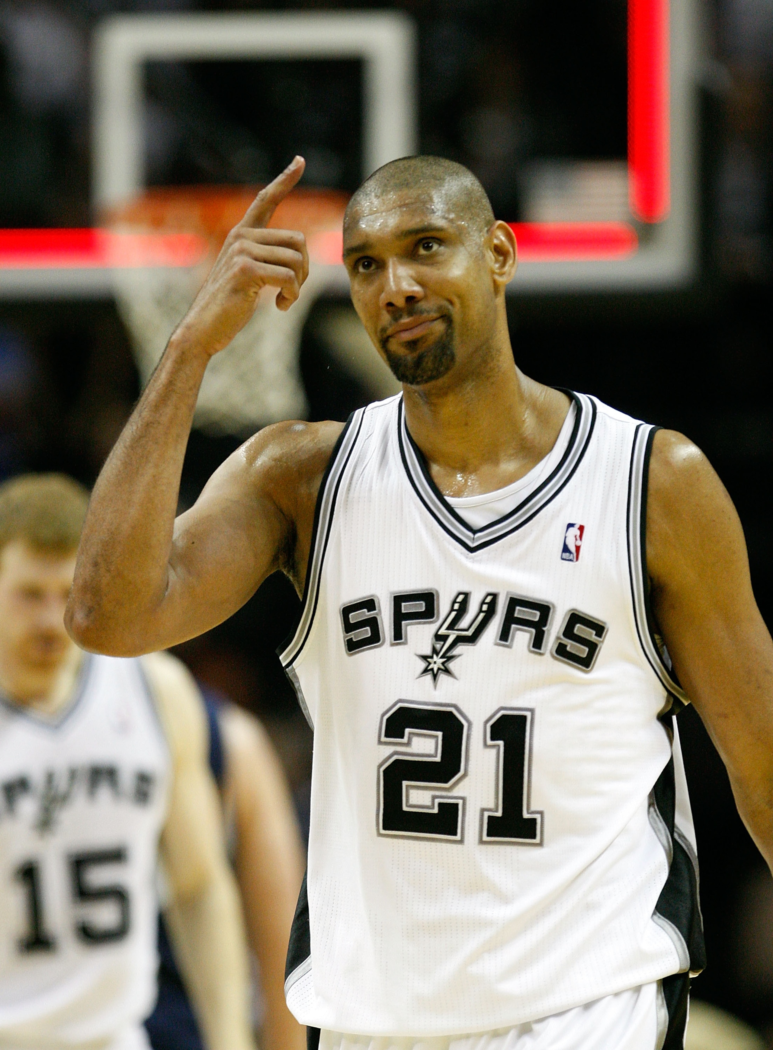 SAN ANTONIO, TX - APRIL 17:  Forward Tim Duncan #21 of the San Antonio Spurs reacts against the Memphis Grizzlies in Game One of the Western Conference Quarterfinals in the 2011 NBA Playoffs on April 17, 2011 at AT&T Center in San Antonio, Texas.  NOTE TO